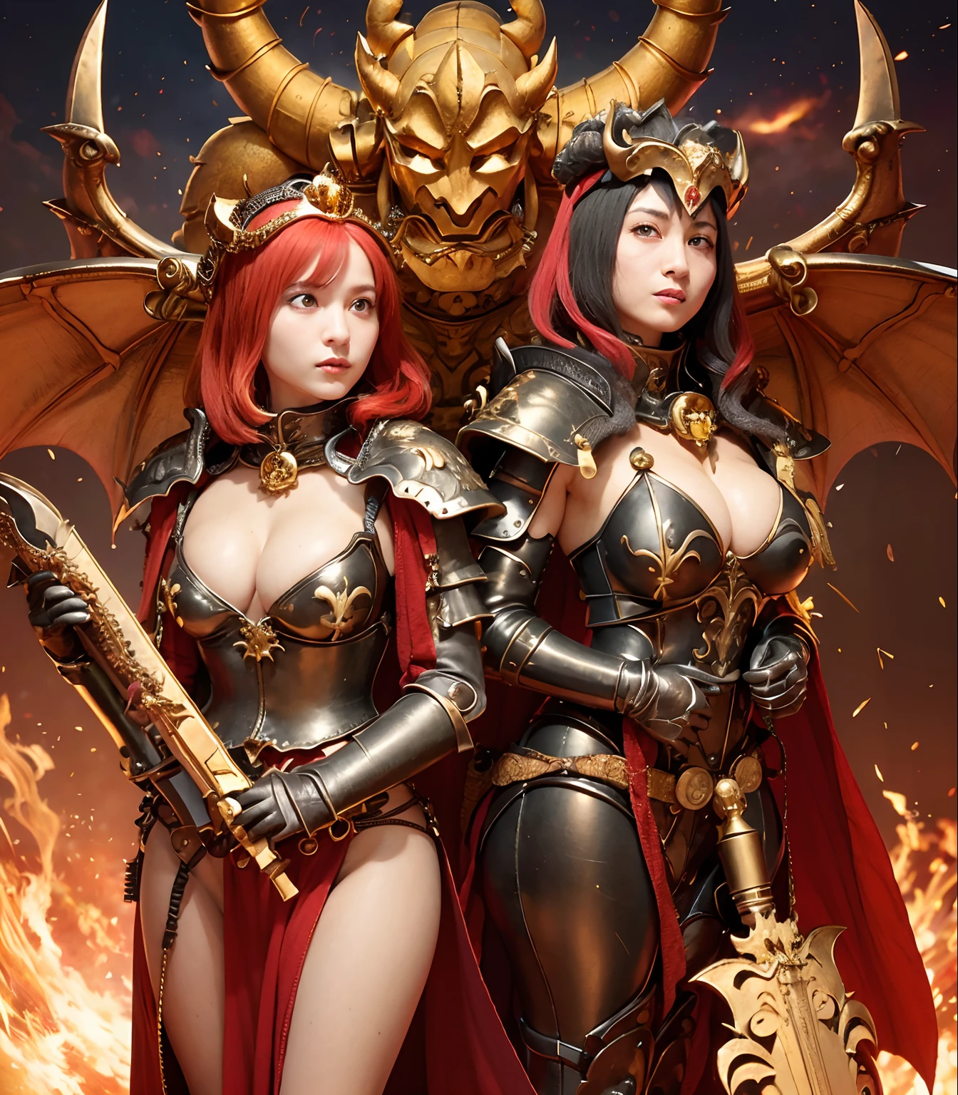 (masutepiece), Professional , ​masterpiece、top-quality、photos realistic , depth of fields （Dragon Black Metal Body:1.９),(Matte Black、（cleavage of the breast）、（Fight dragons）、（Shout with your mouth wide open）、Dragon Gold Weapon、（bikini-armor),Gorgeous gold weapons ,（（ Dragon's dense and gorgeous sword）） , Beautiful knife   ,warhammer 40k , adepta sororitas,Detail and gorgeous crown、（（Red hair））、（Castle background）、The dragon、（（Gangle's forest background））、Beautiful Caucasian beauty、（１a person）、dynamic ungle,(((Detailed and ornate dragon helmet)))、Smaller head、Strange smile、Castle background、Thin and beautiful female hands、cleavage of the breast、Soldier in iron armor on background、Mystical expression、Light Effects、intense fighting、Wind-effect、magic circles、With the legendary magic wand、（demonic wings）、