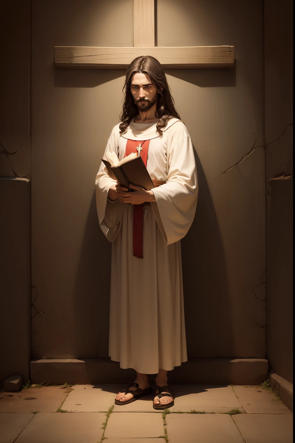 Jesus stood in front of the cross with a Bible