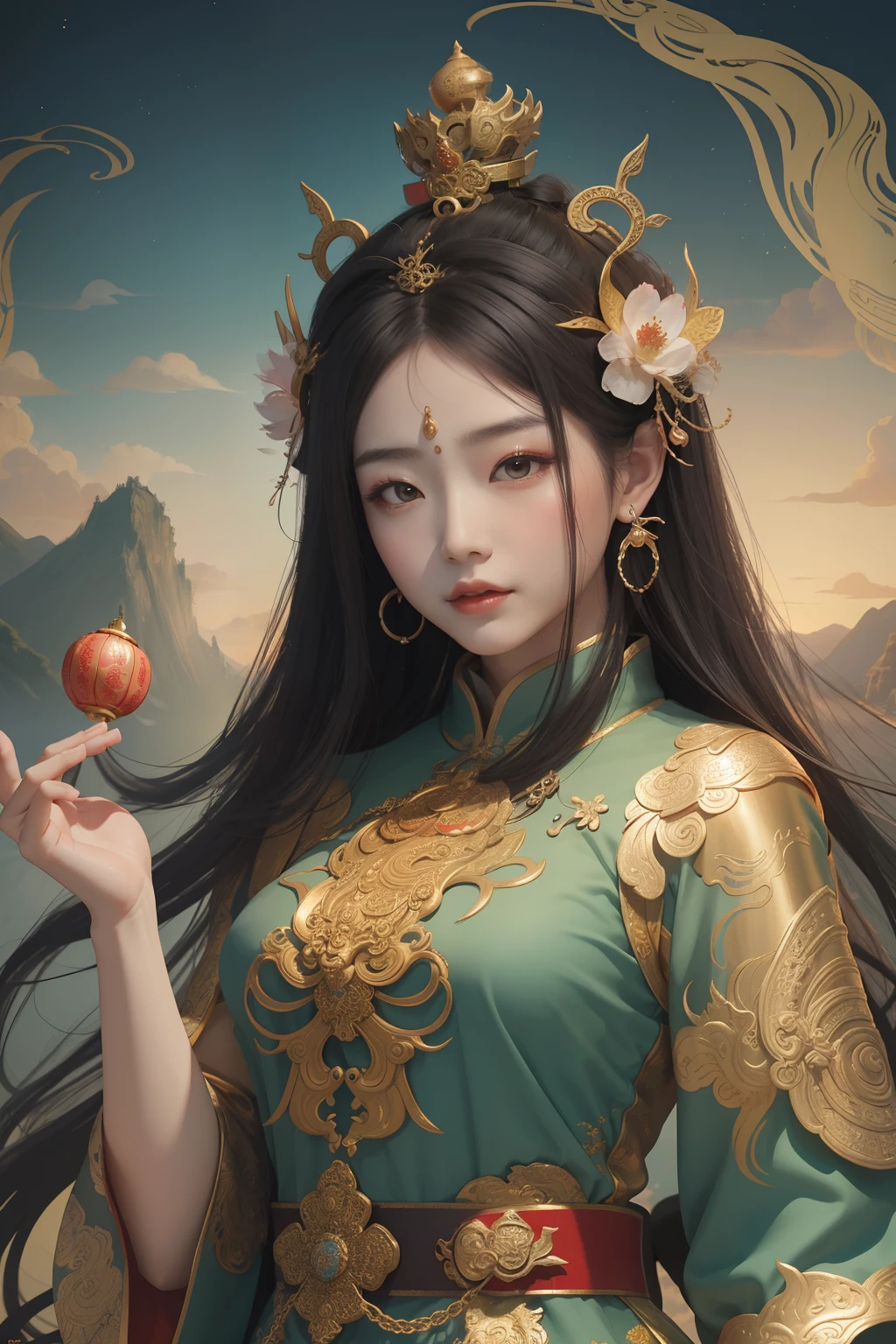 ancient chinese goddess, guanyin of the southern seas, guanyin, Inspired by China, Avalokiteşvara rides a dragon,,serene expressions,shui mo hua,Buddha,budista,lotuses,chinese painting style,Thangka style
