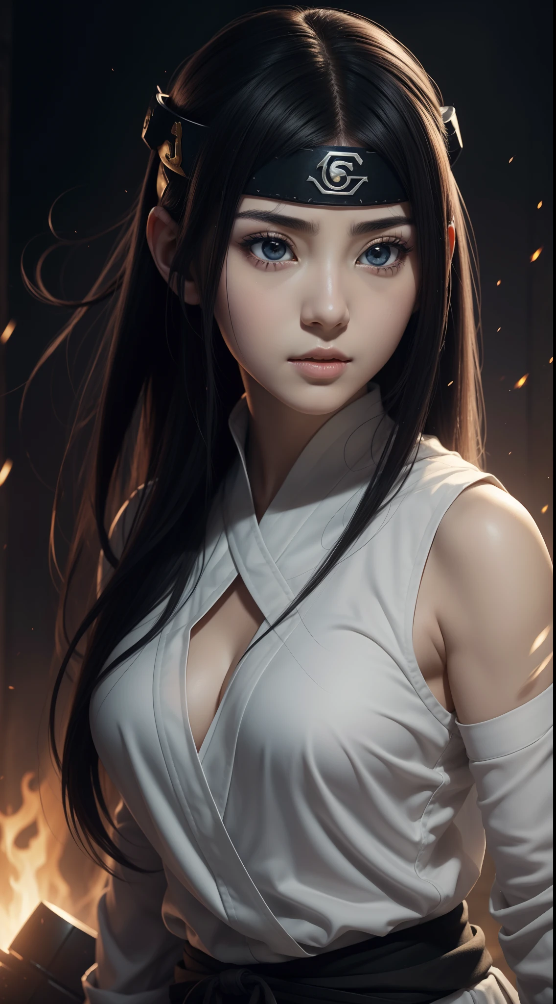 Hot portrait image, masterpiece, solo, extremely accurate rendering, cool beautiful Hinata Hyuga, light makeup, reliable young girl, savior of the world, simple design, best image, 8K, white eyes, same color as the original demon ninja.