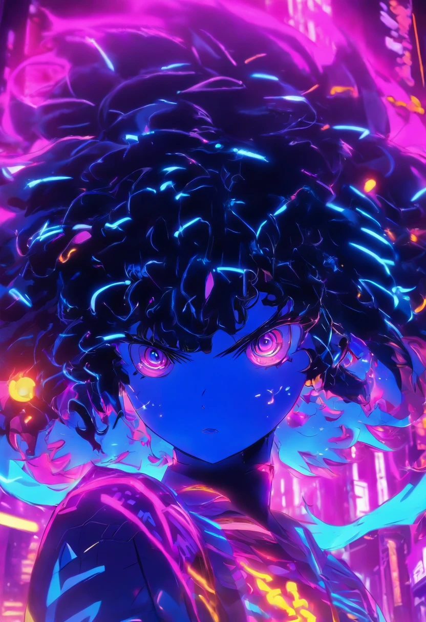 menina anime cabelo enrolado flouresente brilhante, cor roxo neon laranja neon