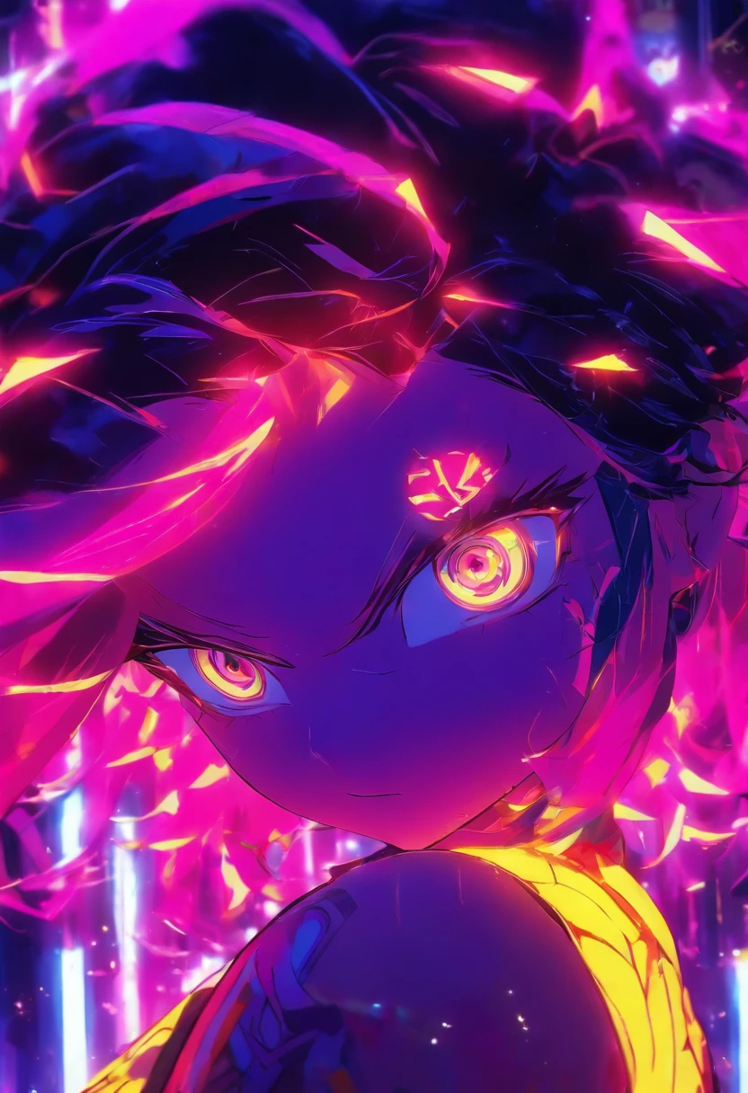 menina anime cabelo enrolado flouresente brilhante, cor roxo neon laranja neon