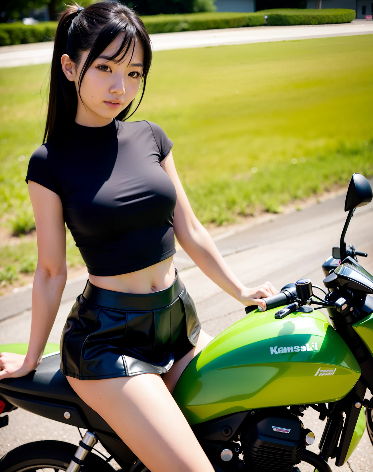 Kawasaki Ninja250、Alafe girl in black top and black leather miniskirt rides green motorcycle, motor cycle, Riding a motorcycle, shot with Canon EOS R 5, photographed in a Canon EOS R5, sitting on a motorcycle, shot with Nikon Z9, Korean Girl, real life anime girl, Sporty, Tifa, captured on canon eos r 6, Asian Girl, Young Asian Girl