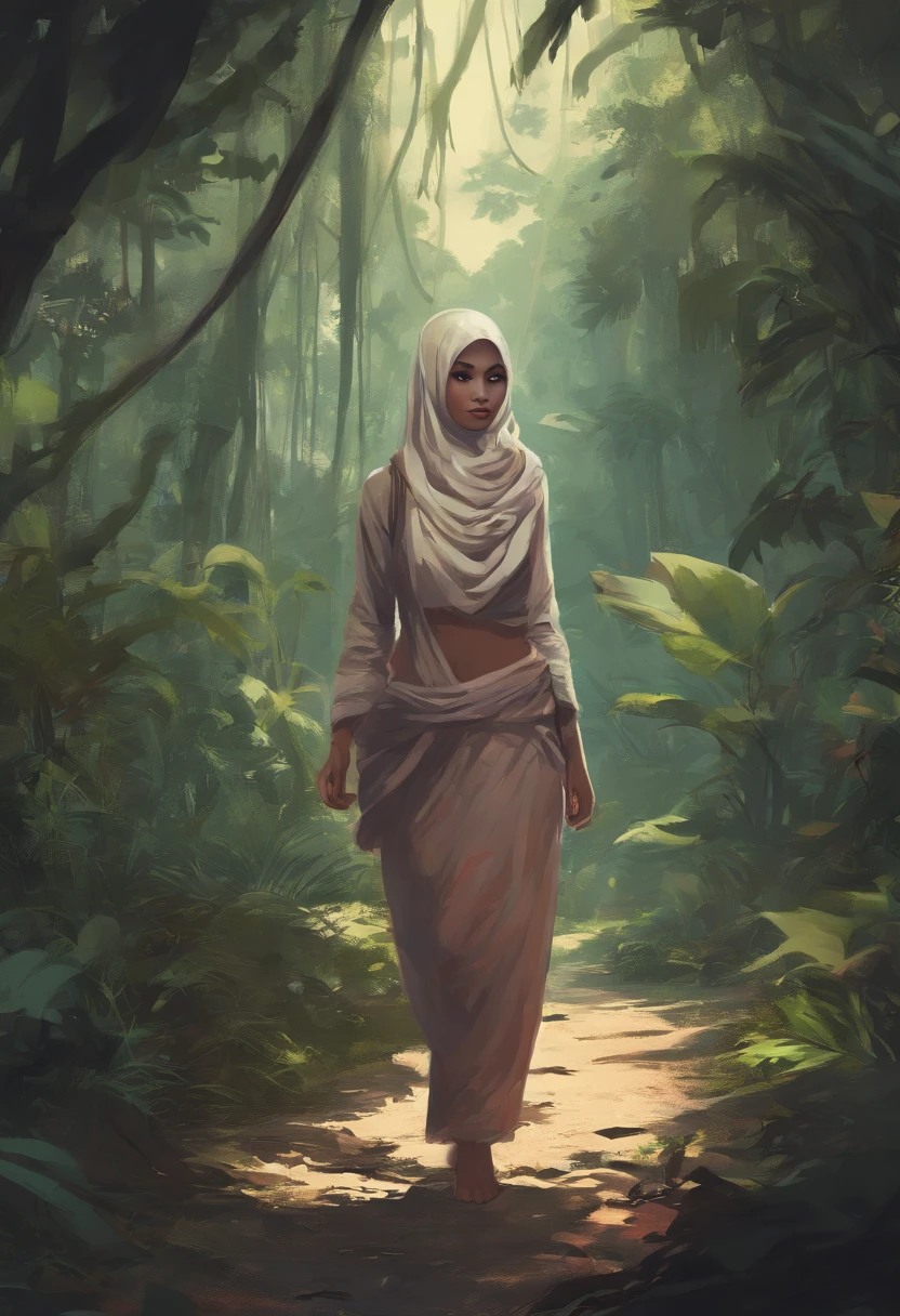 A beautiful hijabi girl hold basket and walking in jungle 