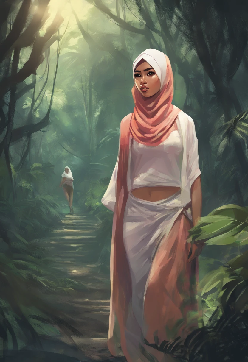 Sexy cute malay girl in hijab wearing underwear walking in jungle