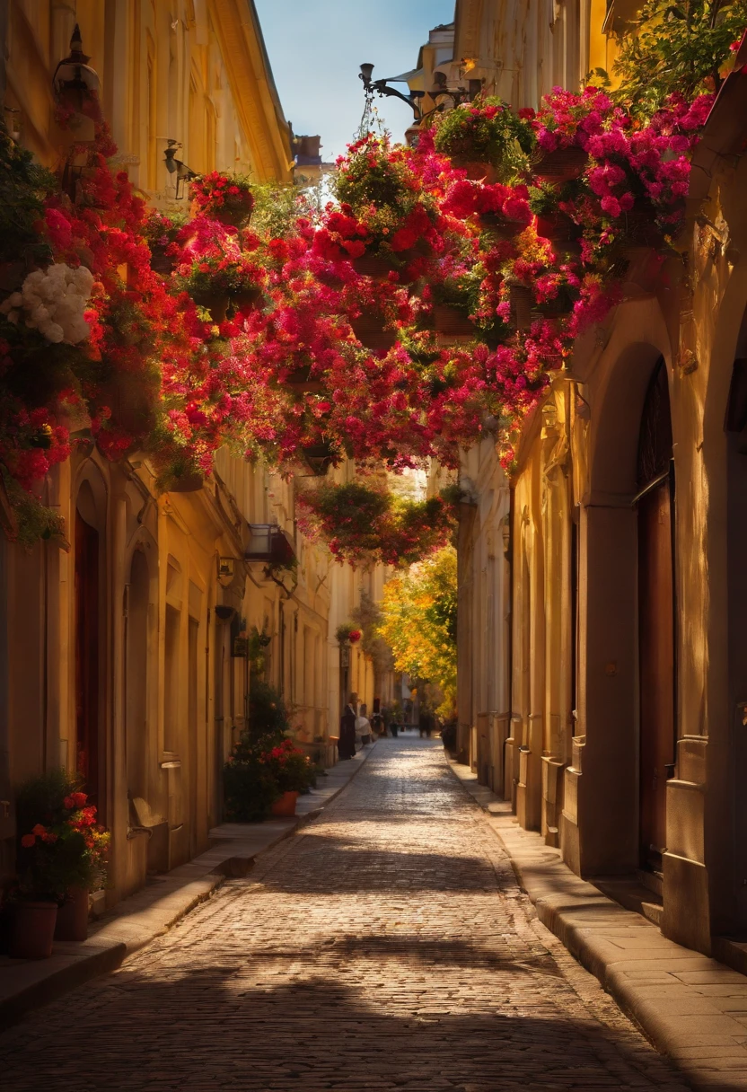 Vienna street, day light, flowers in street, caption: I Love You, QH