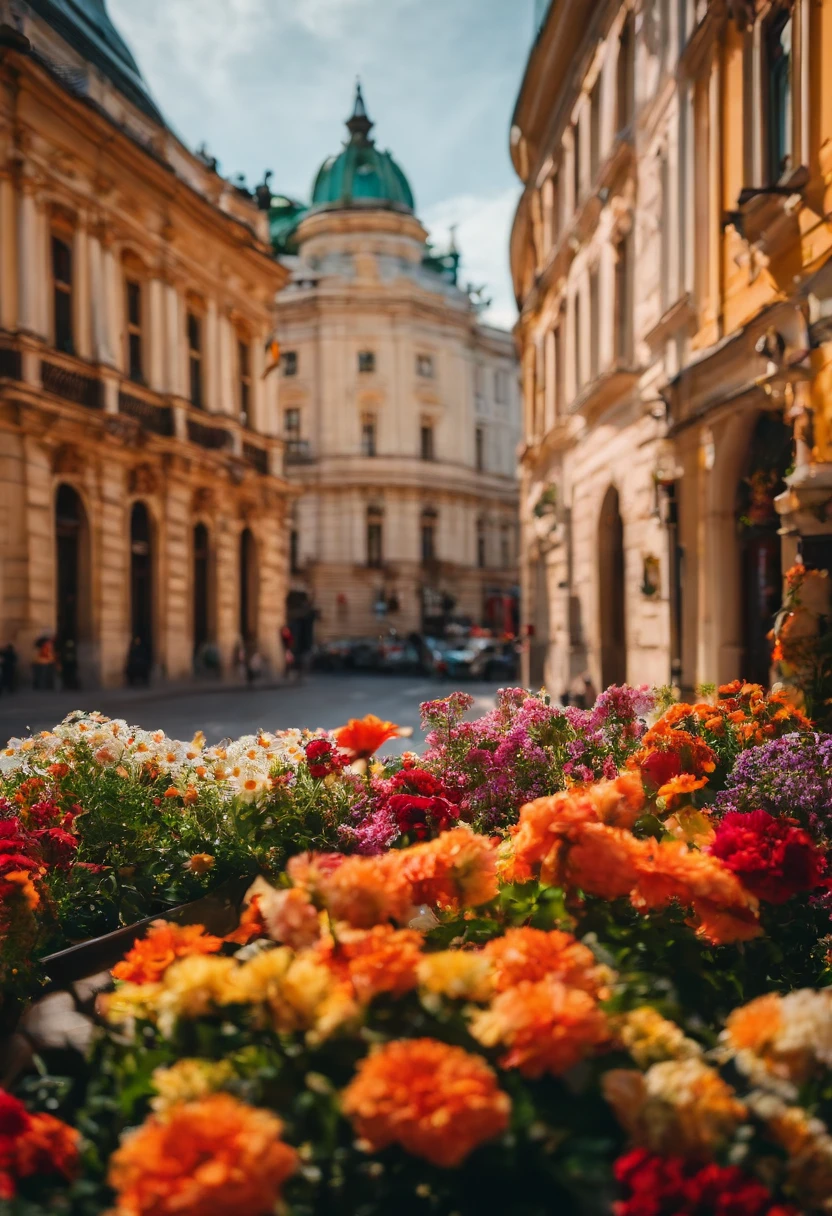 Vienna  street, day light, flowers in street, caption: I Love You, QH