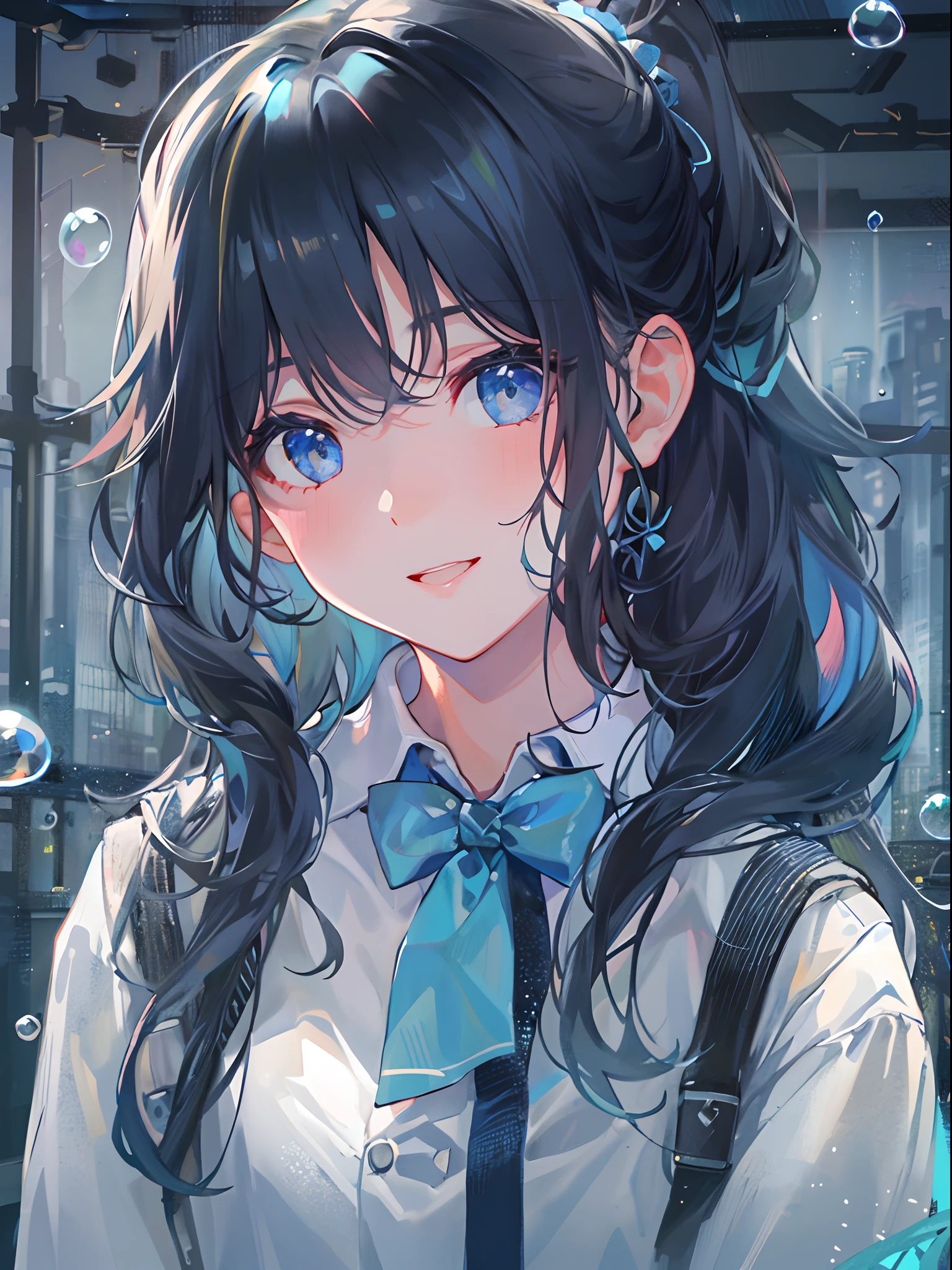 ((top-quality)), ((​masterpiece)), ((ultra-detailliert)), (extremely delicate and beautiful), girl with, 独奏, cold attitude,((Black jacket)),She is very(relax)with  the(Settled down)Looks,A dark-haired, depth of fields,evil smile,Bubble, under the water, Air bubble,bright light blue eyes,Inner color with black hair and light blue tips,Cold background,Bob Hair - Linear Art, a miniskirt、knee high socks、White uniform like school uniform、Light blue ribbon ties、Clothes are sheer、Hands in pockets、Ponytail hair