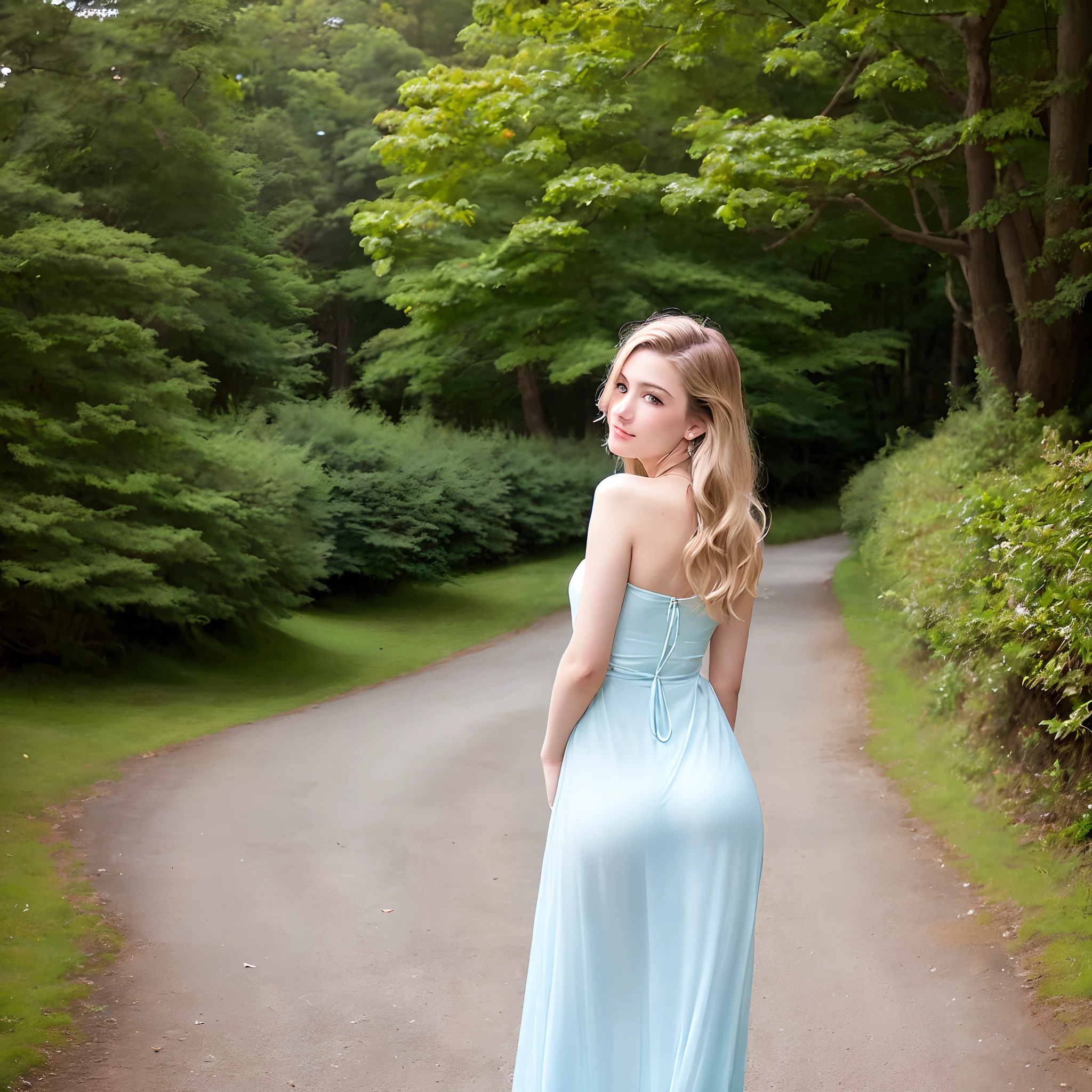 (((Realisticity)))、(((top-quality、8K、masterpiece)))、European Woman、、ash blonde、Beautiful woman、shiny silky hair、Deities々Shishi Woman、Moisturized light blue eyes、Hair that flutters in the wind、Attractive ass、Professional Photography、Perfect focus、posterior view、plein air、European countryside、White costume