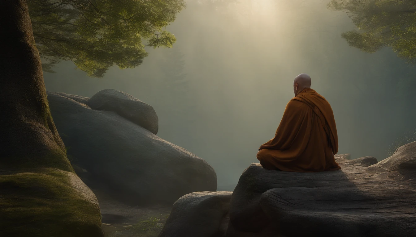 painting of a monk sitting on a rock in a forest, monk meditate, buddhist monk meditating, on path to enlightenment, buddhism, his mind contemplating eternity, buddhist, zen meditation, spiritual enlightenment, on the path to enlightenment, beautiful art uhd 4 k, meditation, 4k highly detailed digital art, 4k art, serene illustration, meditating, background artwor