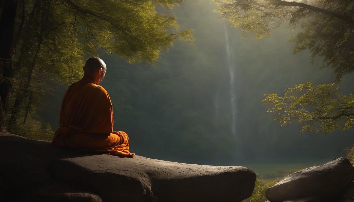 painting of a monk sitting on a rock in a forest, monk meditate, buddhist monk meditating, on path to enlightenment, buddhism, his mind contemplating eternity, buddhist, zen meditation, spiritual enlightenment, on the path to enlightenment, beautiful art uhd 4 k, meditation, 4k highly detailed digital art, 4k art, serene illustration, meditating, background artwor