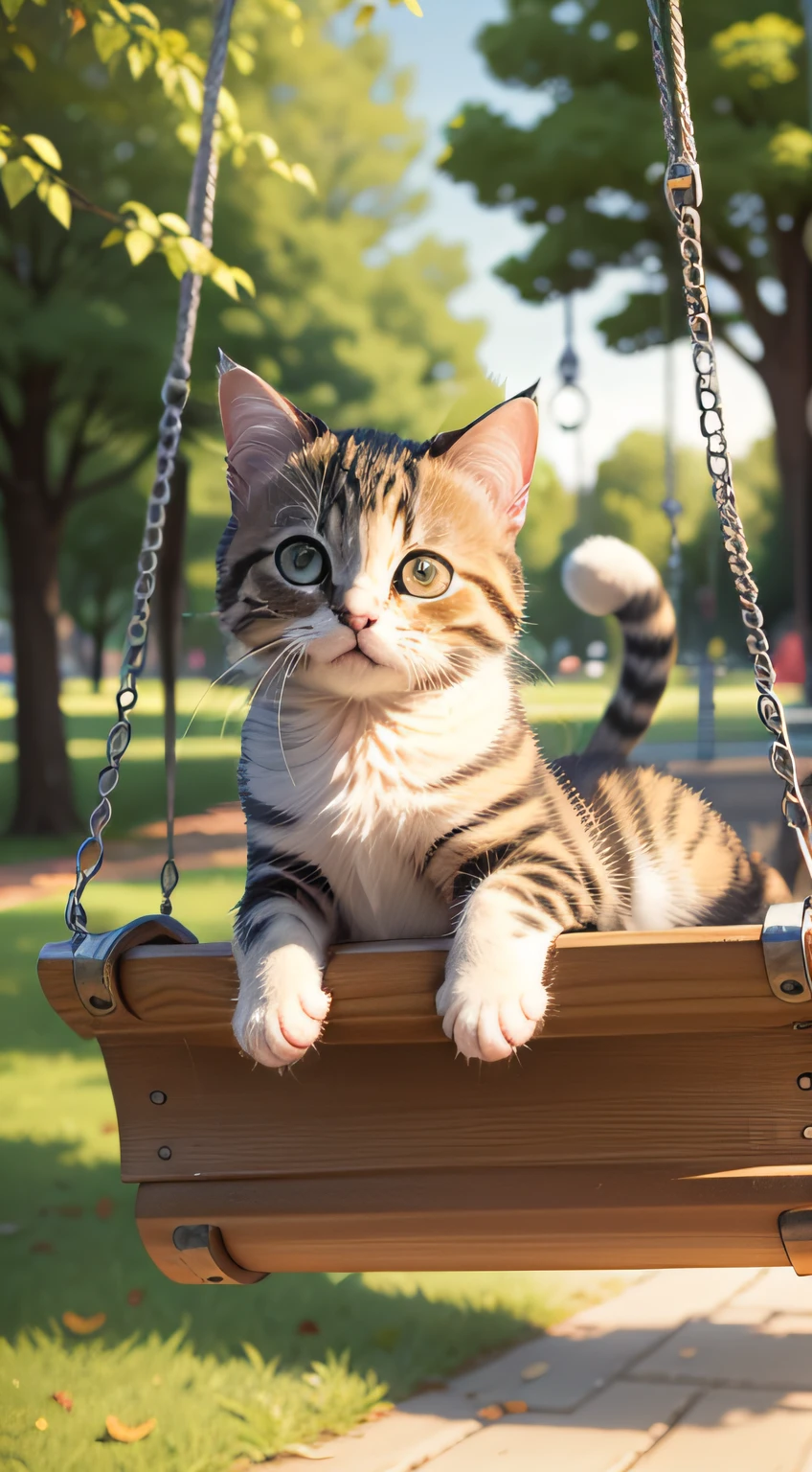 A cute kitten lying on a swing in the park,Fine eyes。