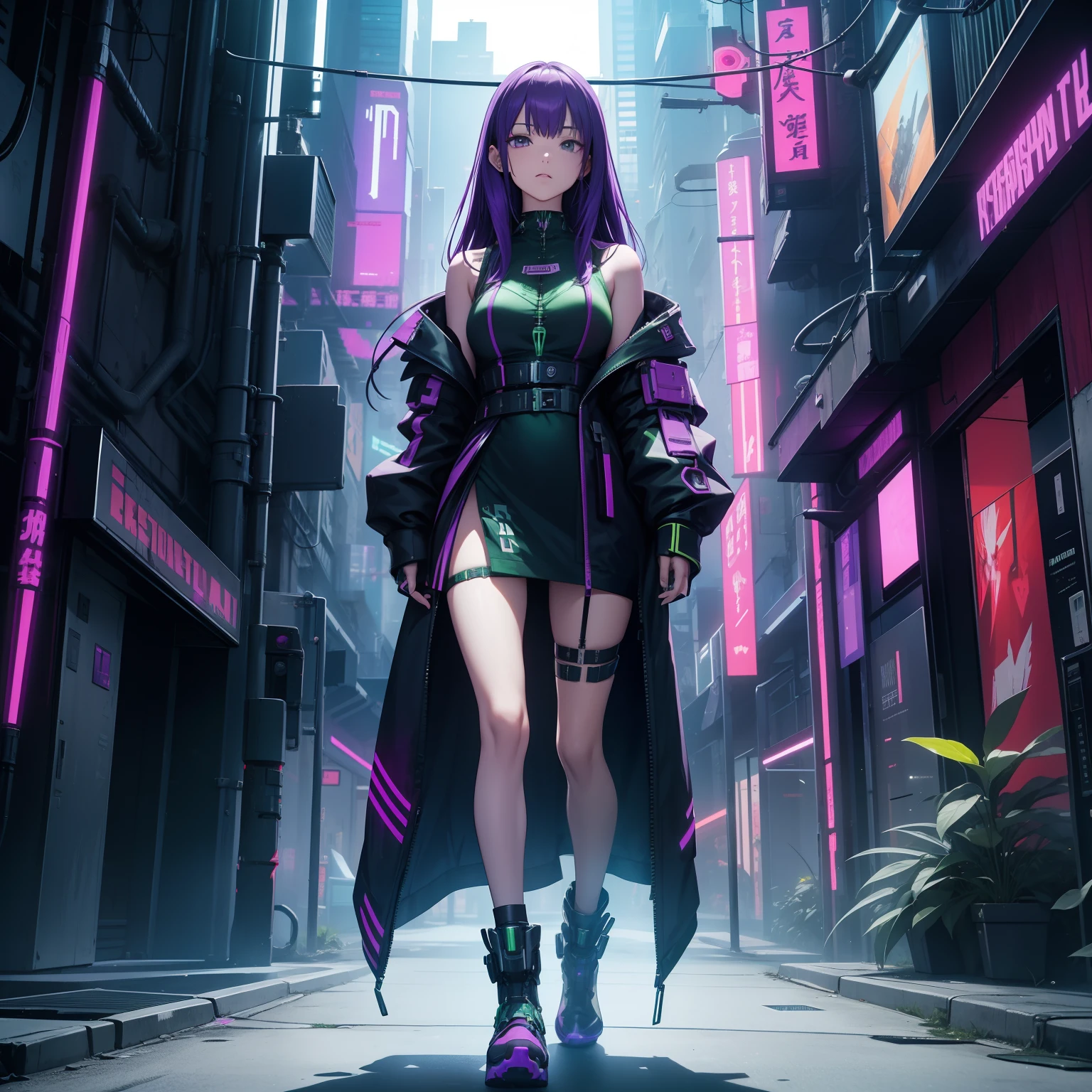 Full body depiction、Cyberpunk Girls、Green and purple attire、(With belladonna properties)、(The gift of death)、Standing alone、The ultra -The high-definition、Guardian of plants