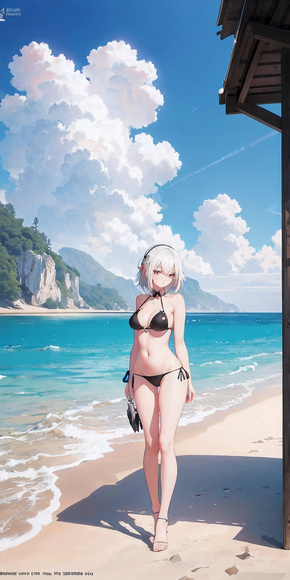Anime girl in a bikini standing on a beach near the ocean, realistic bikini, 2b, 2b, seductive anime girl, [ 4K Digital Art ]!!, guweiz, beautiful alluring anime woman, Perfect girl with white hair, Guweiz style artwork, 2b .sleeping on the bed .Looking to the sky.And sad.Features of regretnier automata, Ross Tran. Scenic background