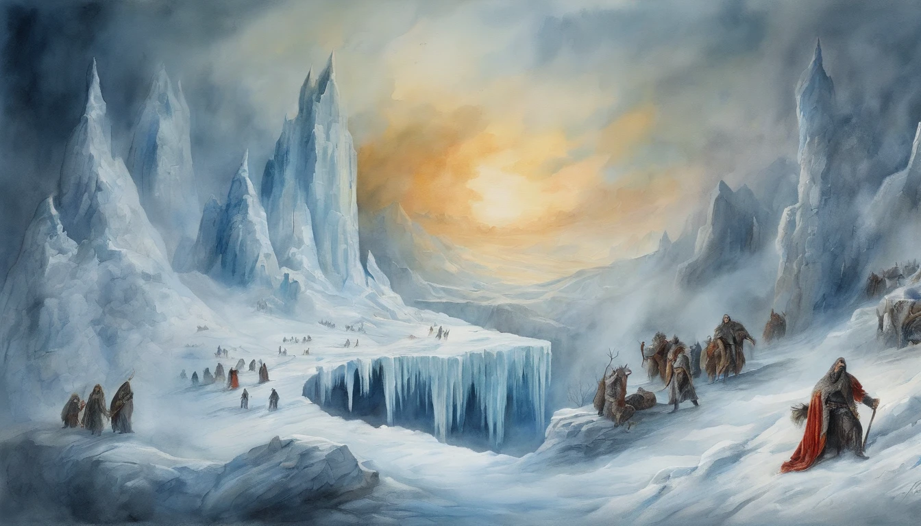 painting of an icy hell, with souls suffering in a cold desolation, dante's inferno style art
