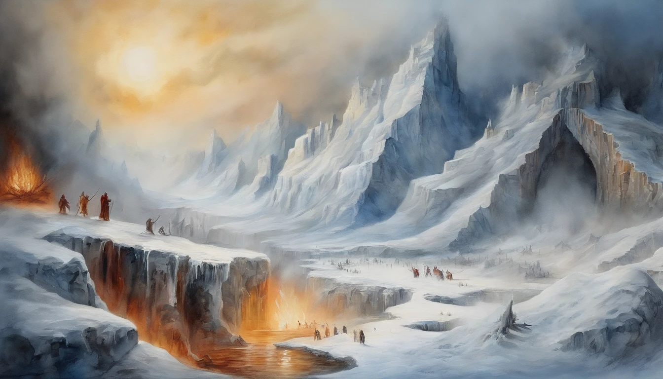 painting of an icy hell, with souls suffering in a cold desolation, dante's inferno style art