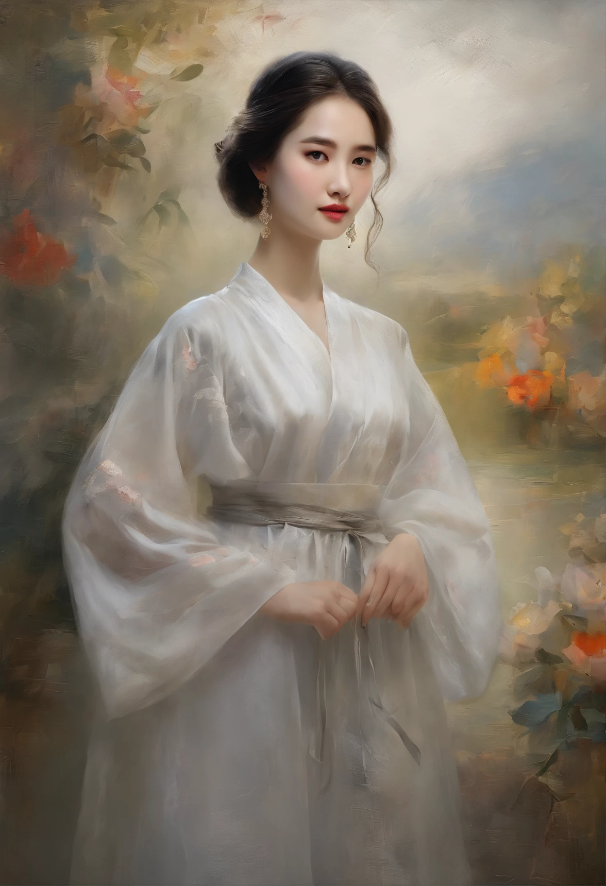 (8K, RAW photo, Best quality, Masterpiece:1.2), (Realistic, photo-realistic:1.37),1girll, Night, Professional lighting, photon maping, Radio City, korean-doll, Traditional long dress, greybackground