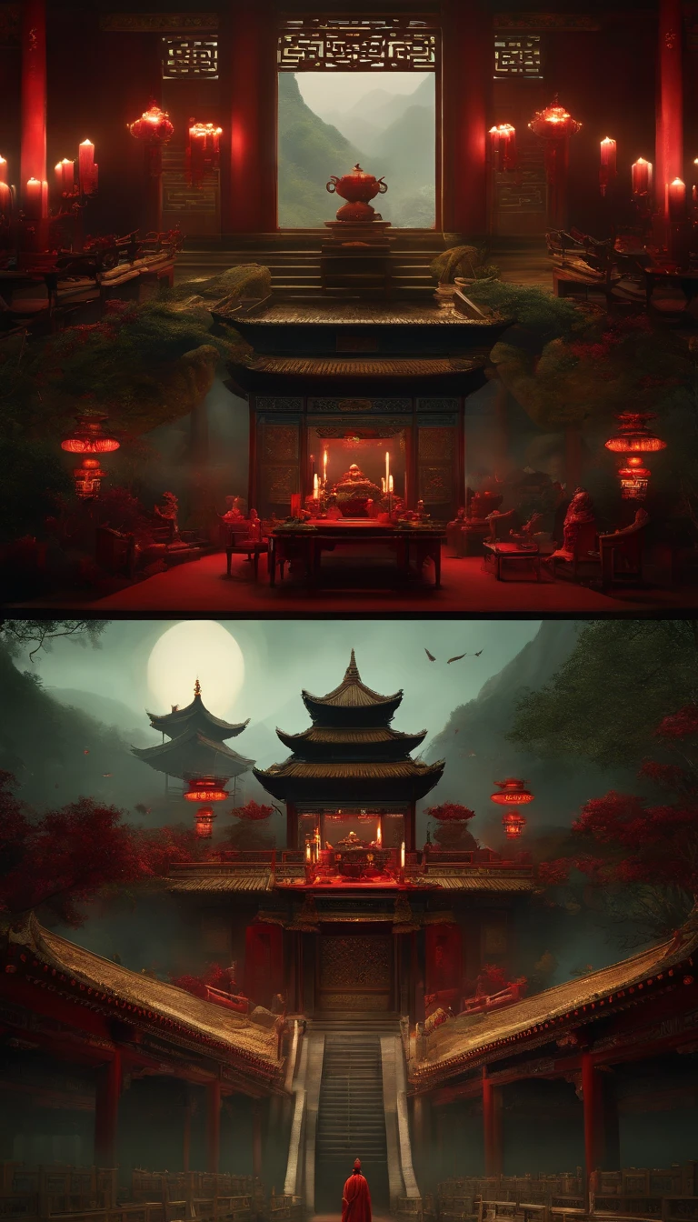 ((Modern horror art, 4K picture quality, Chinese style, masterpiece + ultra-detailed: 1.2, best quality), combined with the lost pagoda and the scenery of Chinese hell, set off the scene of ghosts and Taoists performing blood sacrifices at the table, dark green and dark red main colors and candlelight + shadows create a weird atmosphere, highlighting the ghost horror atmosphere) + (CGsociety: 1.2)