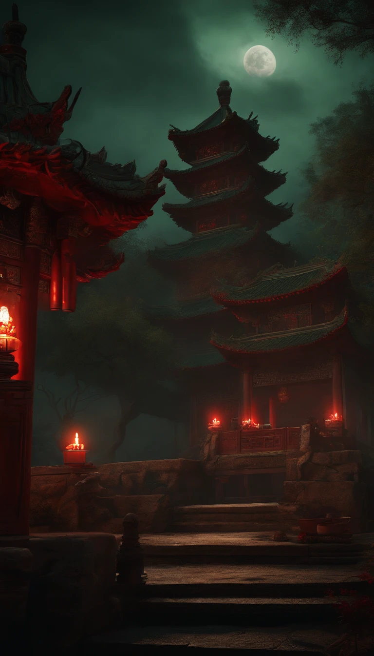 ((Modern horror art, 4K picture quality, Chinese style, masterpiece + ultra-detailed: 1.2, best quality), combined with the lost pagoda and the scenery of Chinese hell, set off the scene of ghosts and Taoists performing blood sacrifices at the table, dark green and dark red main colors and candlelight + shadows create a weird atmosphere, highlighting the ghost horror atmosphere) + (CGsociety: 1.2)