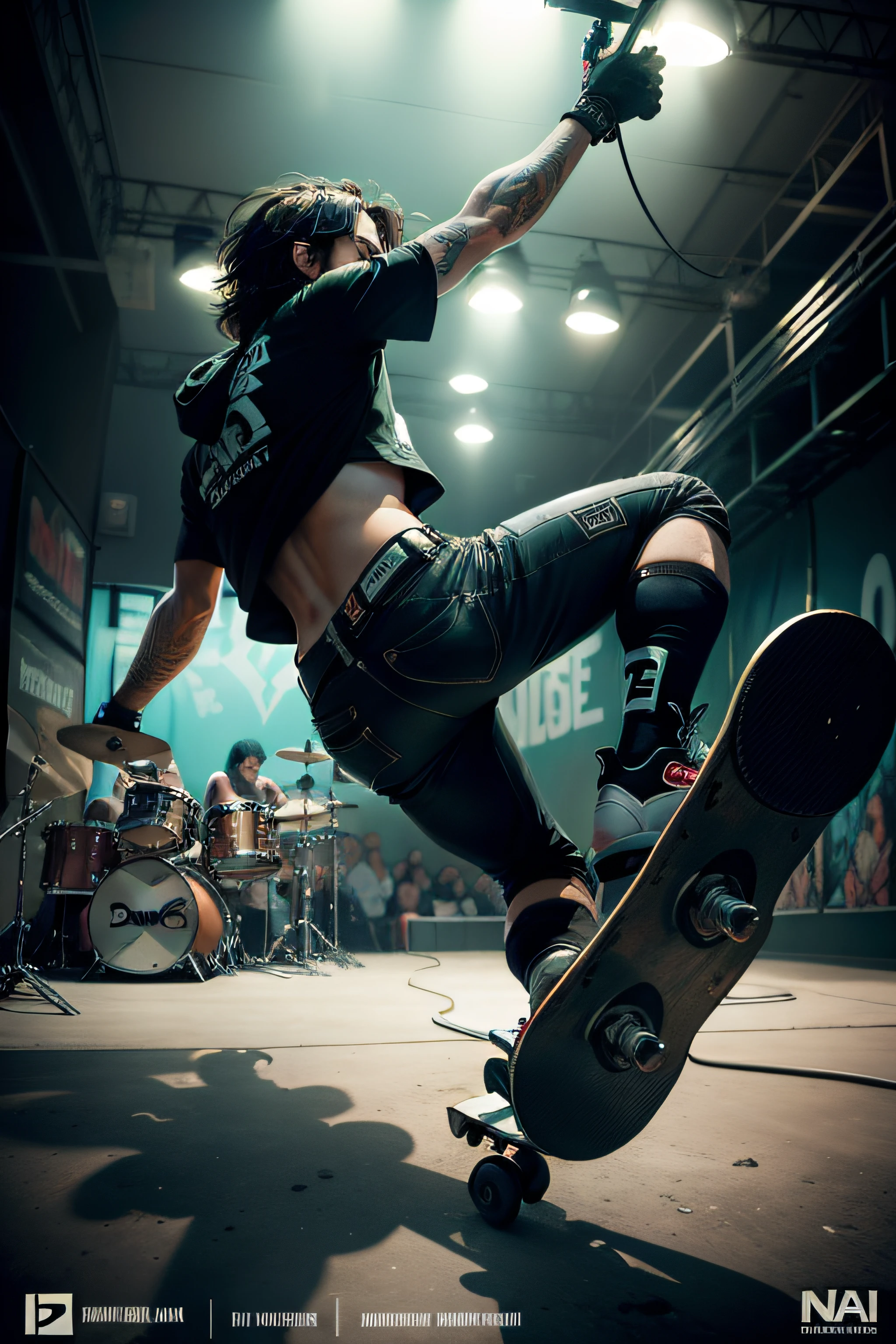 Create an image of a rock and skate concert poster that takes place in a garage. The poster should capture the underground and raw atmosphere of the event. Na cena, Highlight an energetic rock band playing inside a garage well-lit by fluorescent lights. Os membros da banda devem estar cheios de atitude, with electric guitars, Powerful amps and drummers who are in rhythm. Na plateia, Include skateboarders and rock fans, everyone enjoying the music and vibe of the event.
Decorate the garage with graffiti and posters of iconic rock and skate bands. Adicione elementos de skate, as ramps and obstacles, to give the environment an authentic touch. Use contrasting colors and dark tones to create an intense and relaxed atmosphere at the same time. Inclua detalhes sobre o nome da banda, a data, the location and details of the event on the poster. Make sure the image conveys the feeling that this is an underground, energy-filled rock and skate show that fans can't miss.