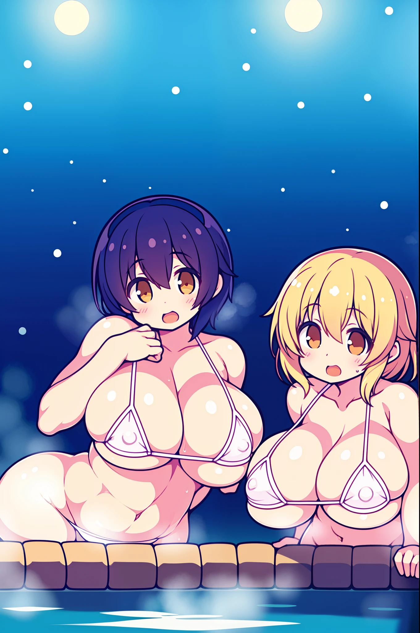 hot onsen、snowscape、barechested、2 girls in