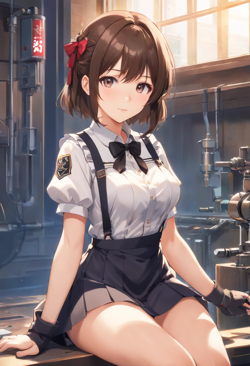 (RAW photo, Best quality, Masterpiece:1.2)、 (Realistic, photo-realistic:1.4)、(Masterpiece:1.4)、(Best quality:1.4,、Rendu portrait 8k、(Fidelity、Fidelity:1.4)、Look up、simplebackground、Flying wing zero、full bodyesbian、sci-fy、mechs、Up、machine girl、The girl wears a maid outfit、Exposed flesh、huge tit、Exposed chest、showing white panties、short skirt、looks into camera、Cute、Full body appearance、black lence stockings、Suspenders、Suspenders、beautifullegs、delicate finger、With a slight smile、Crossed waist with one hand、Mecha Maiden、duck sitting