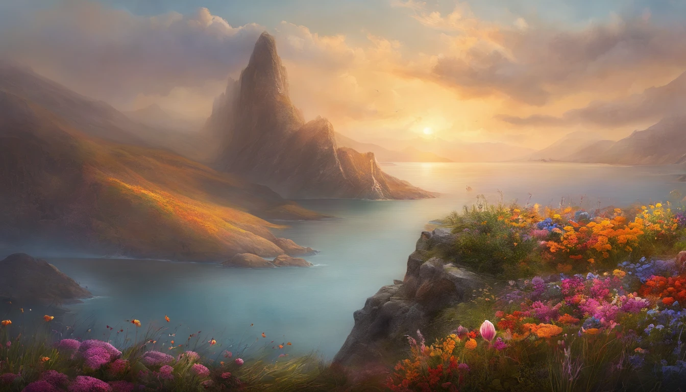 a cliff many flowers, colorful flowers, beautiful sky, matte painting 8k, matte paint 8K, vertical wallpaper 8K, vertical wallpaper 8K, vertical wallpaper 4K, vertical wallpaper 4K, lost series, realistic fantasy rendering, digital painting with 8K resolution, digital painting with 8K resolution, Jessica Rossier fantasy art, 4K rendered matte painting, matte paint rendered in 3D