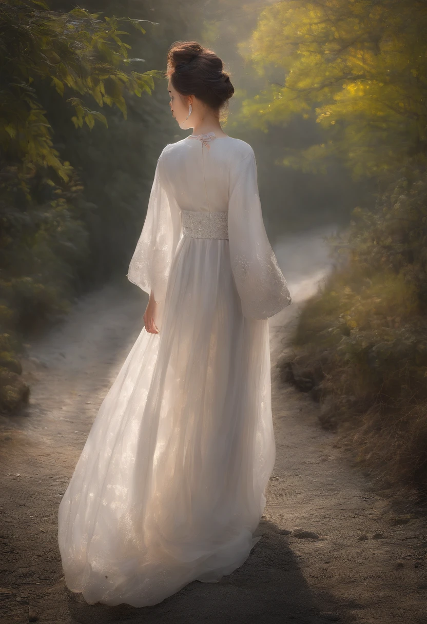 (8K, RAW photo, Best quality, Masterpiece:1.2), (Realistic, photo-realistic:1.37),1girll, Night, Professional lighting, フォトンマッピング, ラジオシティ, korean-doll, Traditional long dress, greybackground