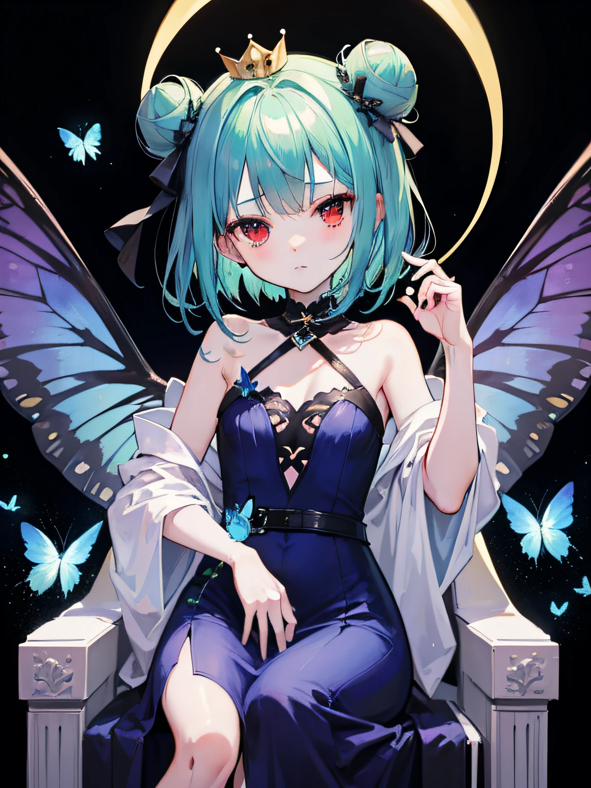 {Moist feather(hololive)}, 1girl, short hair, double bun, {emeraldgreen hair}, {{Red eyes}}、​masterpiece、top-quality、flat chest, 小柄、{hatred}、irate、{Deadly}、demon king、{full bodyesbian}、a throne、Aura of Darkness、Dark blue dress、demon realm、Blue winged butterfly、watching at viewers、