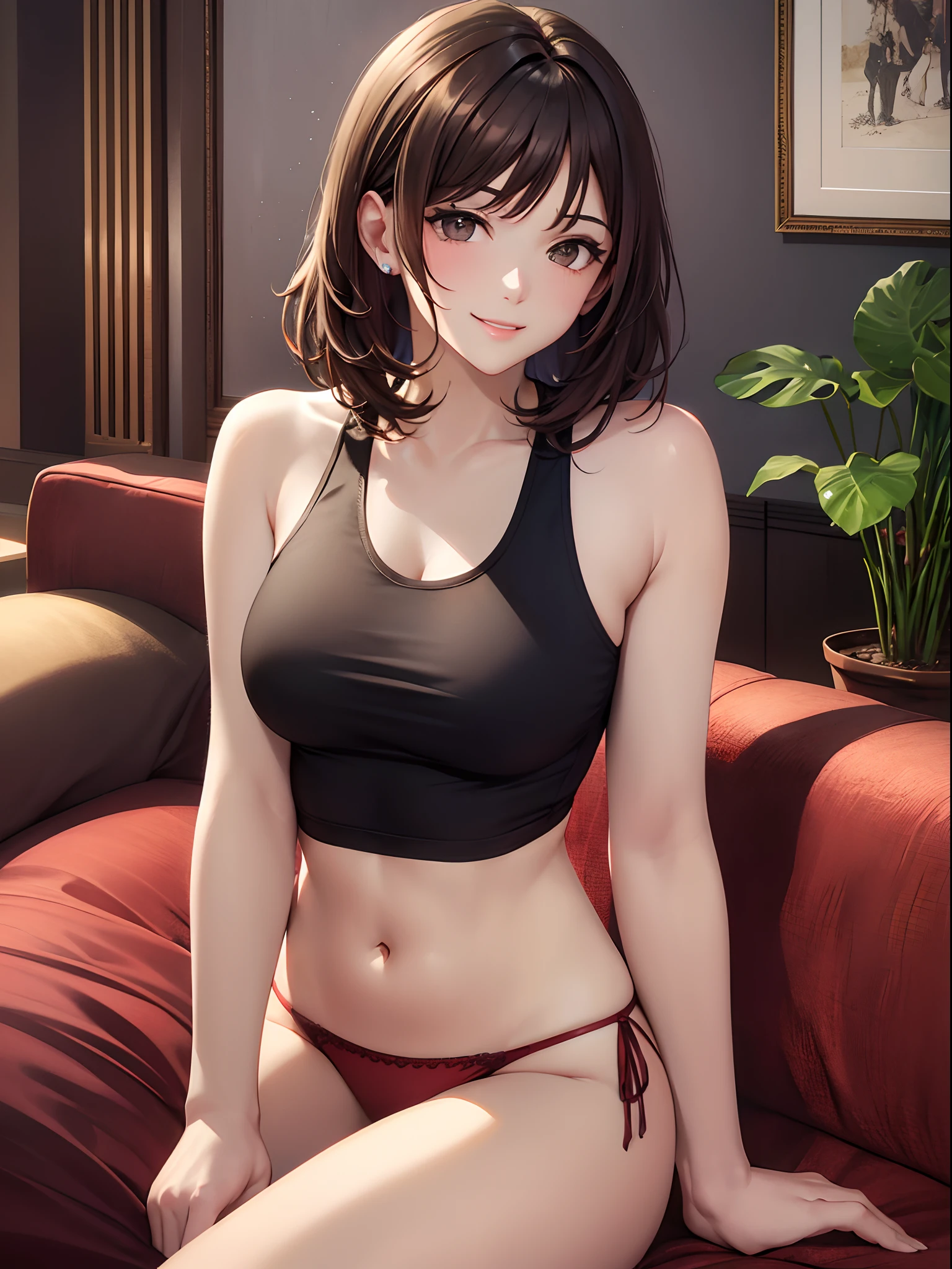 (top-quality: 1.3)、(​masterpiece: 1.3)、(The ultra-detailliert: 1.3)、(wall-paper, one girls)、(Black tank top:1.3)、(Raw feet:1.3)、(Red panties:1.3)、(Brown hair:1.3)、Medium Hair、short-hair、(Beautiful Large Breasts:1.3)、Luxurious living room、Luxurious 3-seat sofa、sitting on、A big smile、sexypose