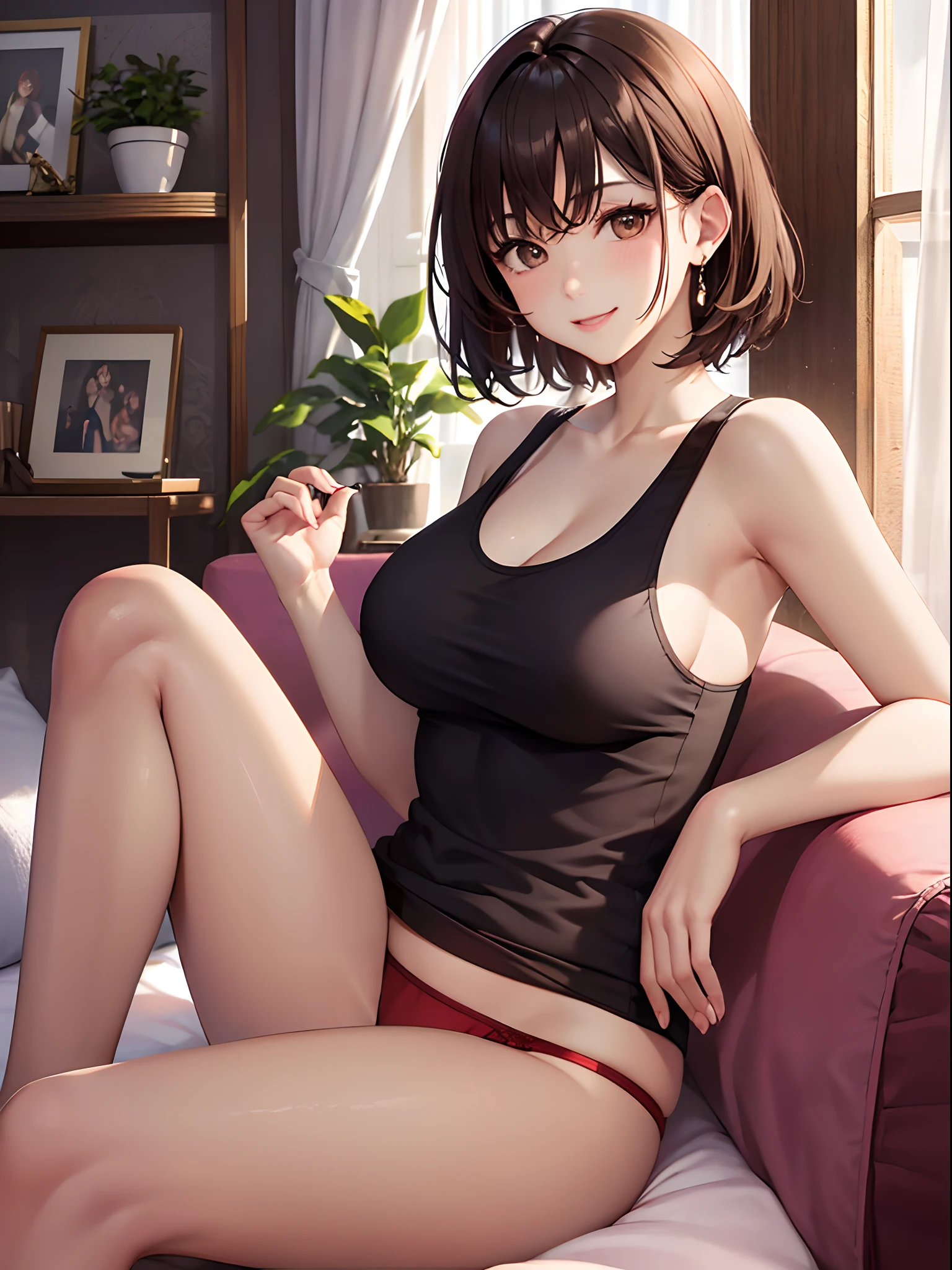 (top-quality: 1.3)、(masterpiece: 1.3)、(The ultra-detailliert: 1.3)、(wall-paper, one girls)、(Black tank top:1.3)、(Raw feet:1.3)、(Red panties:1.3)、(Brown hair:1.3)、Medium Hair、short-hair、(Beautiful Large Breasts:1.3)、Luxurious living room、Luxurious 3-seat sofa、sitting on、A big smile、sexypose