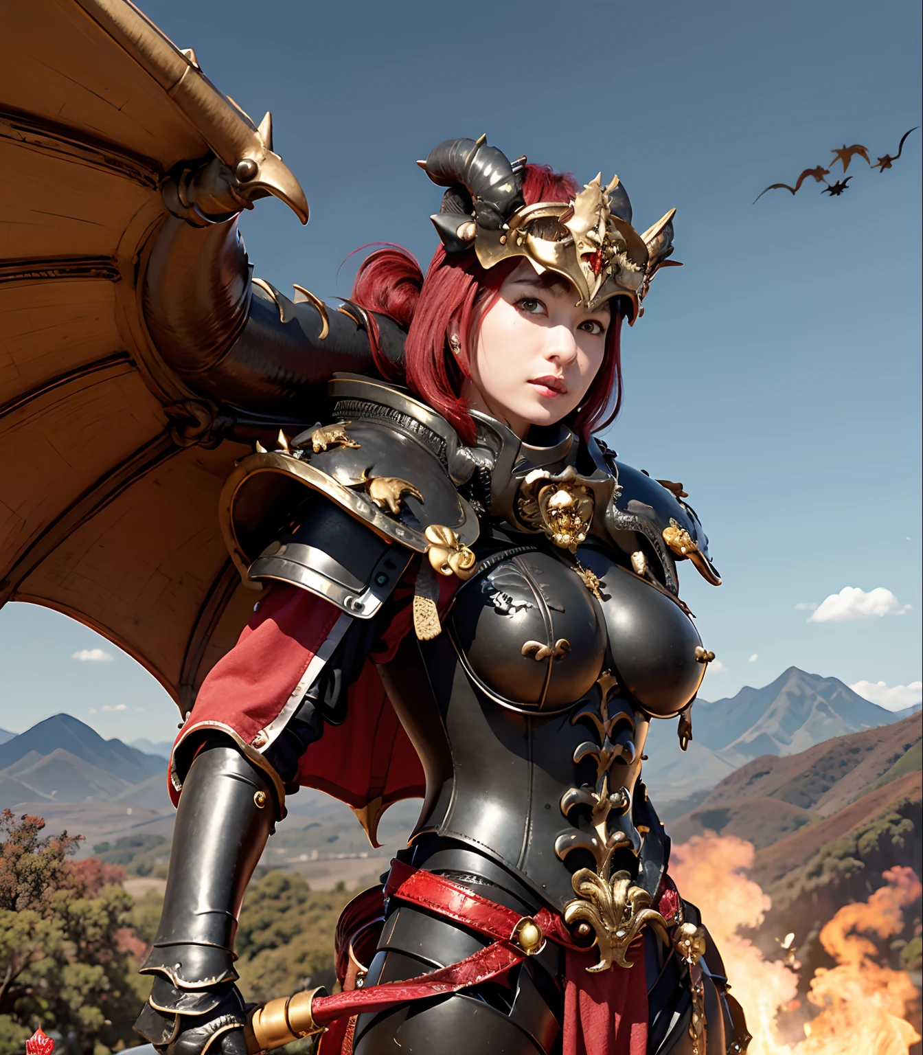 Professional , masterpiece、top-quality、photos realistic , depth of fields 、(Dragon Black Metal Body:1.9),(Mattretto、(cleavage of the breast)、Dragon Gold Weapon、(Micro Bikini Armor:1.4),Gorgeous gold weapons ,Particles of light、Particles of light、(( Dragon's dense and gorgeous sword)) , (demonic wings)、((a blond))、(detailed and realistic face)、Fight dragons、((Gangle's forest background))、Take intense poses、Beautiful Caucasian beauty、1a person、dynamic ungle,(((Detailed and ornate dragon helmet)))、Smaller head、A smile、Castle background、Thin and beautiful female hands、cleavage of the breast、Soldier in iron armor on background、Mystical expression、Light Effects、intense fighting、Wind-effect、magic circles、With the legendary magic wand、Dragon's tail、explosions、
