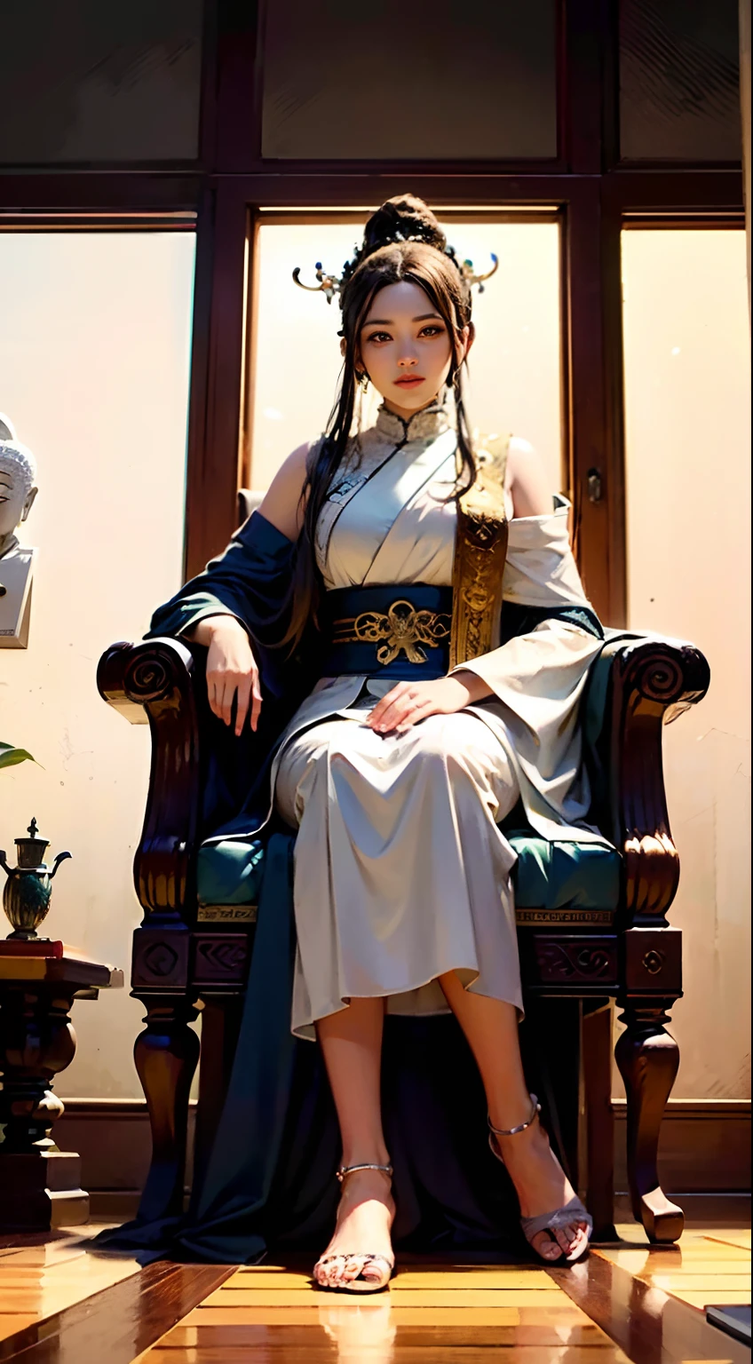 （Chinese immortals）, （Buddhism）, Multip_Hands，（mythological stories）, （Buddha）, sitting on a lotus flower, （Three hands on the left，Three hands on the right, Each hand holds a different Buddhist vessel, left right symmetry），（Handsome face）, （White silk robe）sitting on a lotus flower, Frontal photo，Light smile, neo-classical, OP Art, Chiaroscuro, Cinematic lighting, god light, Ray tracing, character sheets, projected inset, first person perspective, hyper HD, Masterpiece, ccurate, Textured skin, Super detail, High details, High quality, Award-Awarded, Best quality, A high resolution, 8K