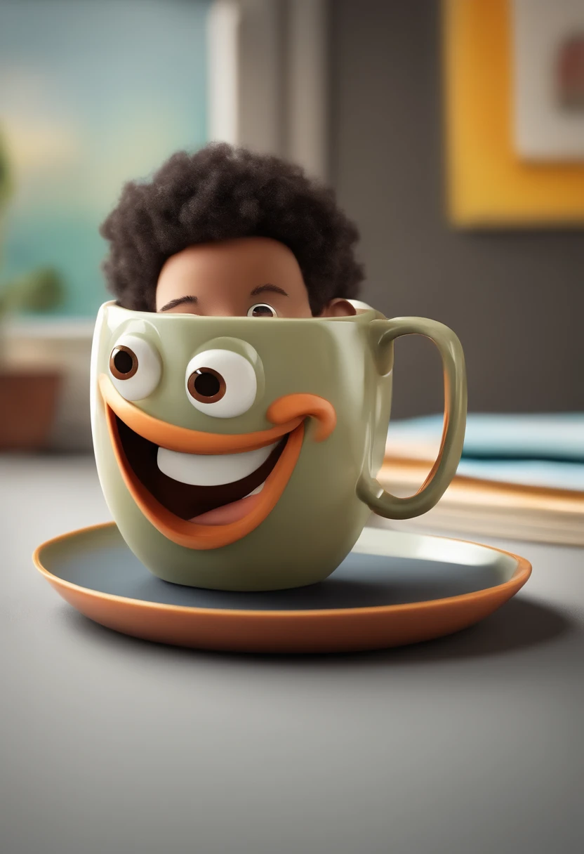 /Imagine Prompt: Pixar children's illustration of a small mug with a smile for a sticker with a gray background, en negrita, bordes dentados, sombreado claro --v 5.2,