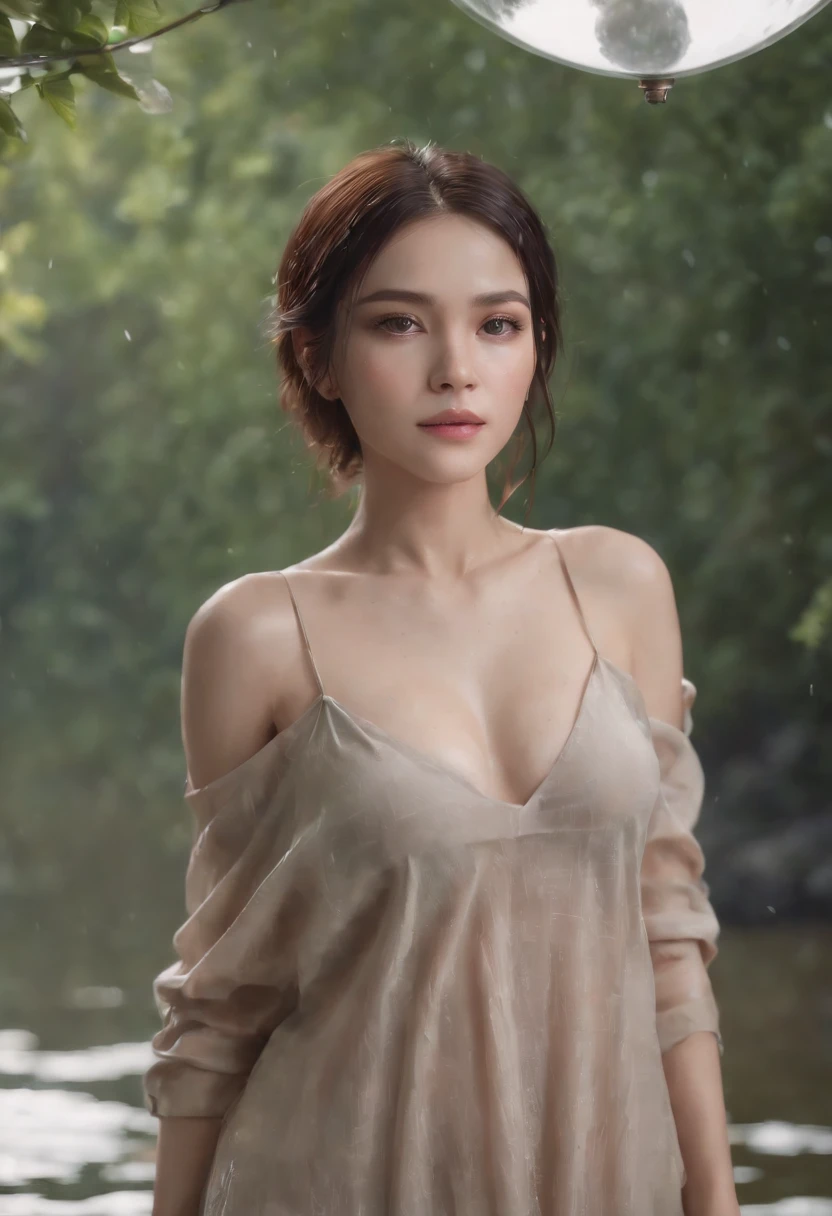 1girl, chesty, moon, lamp, nighttime, single, large boobs, Hair ornaments, wet, nude, Wade through the water., Hair flowers, floral, outdoor, sky, full big moon, rain, black hairr, off shoulders, mountain, clouds, holding, bare shoulder, Paper lanterns, stand, night sky, sideboob, obi,wet, smooth, trees, from the front, reflections, Short Hair Hair, Cloudy skies, Wet hair {{(master-piece), (Extreme Detail CG Unity 8K wallpaper),beste-Qualit,,single,1girl,cinematic light,Detailed background,eyes with beautiful details,bright pupils, (Extremely Delicate and Beautiful),(Beautiful and detailed eye description.),lifelike,smirk,