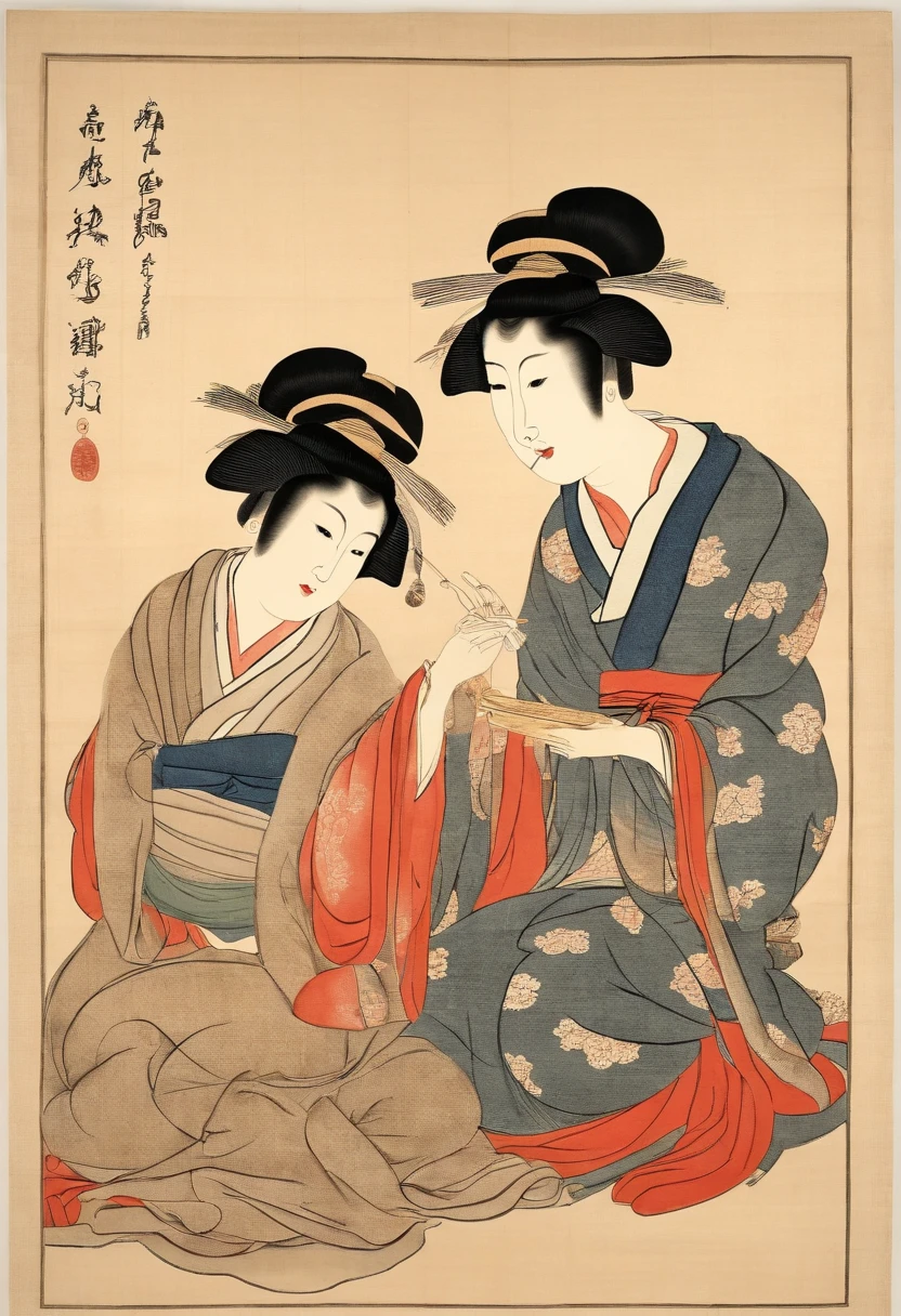 Best Quality, Kitagawa Utamaro's style, ukiyoe painting, Woman playing rock-paper-scissors,
