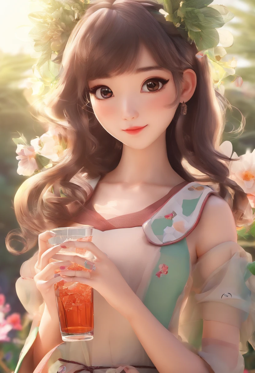 A close-up of a girl,Holding a drink and a flower in his hair, cute beautiful, Chinese girl, Very beautiful girl, beautiful lovely, girl cute-fine face, Realistic cute girl painting, with cute - fine - face, adorable digital art, Cute young girl, Cute girl, 8K)), Cute anime girl, Chinese style, sakimi chan