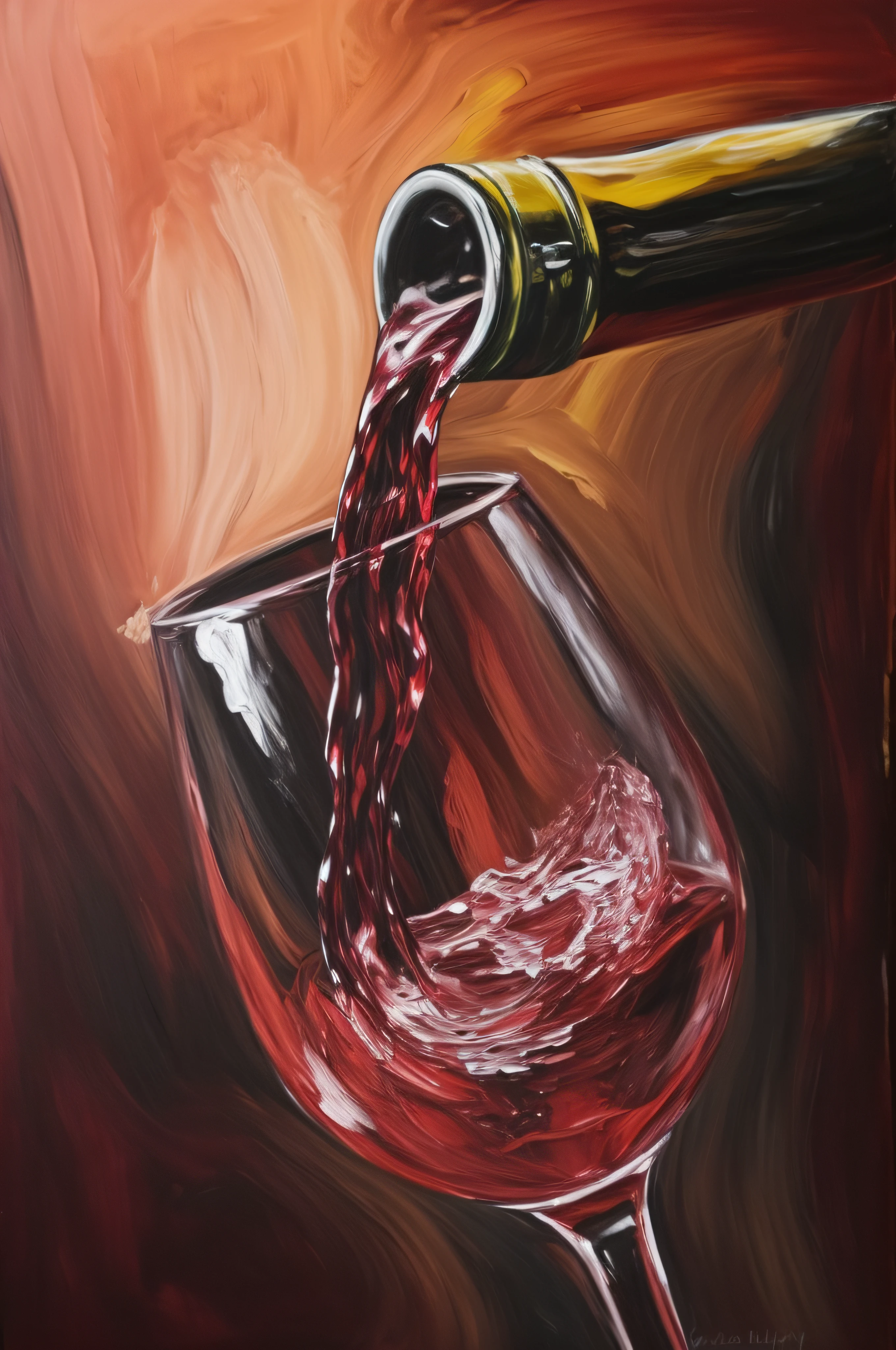 painting of a wine glass being filled with red wine, Derramamento, vinho tinto, acrylic painting, oil art, beber vinho, oil-painting, an acrylic painting, painted in acrylic, Directed by: Zelma Blakely, Rio do Vinho, painting oil on canvas, oil paintings, oil painting, Detailed acrylic painting, com uma garrafa de vinho, liquid acrylic paint, faca de paleta