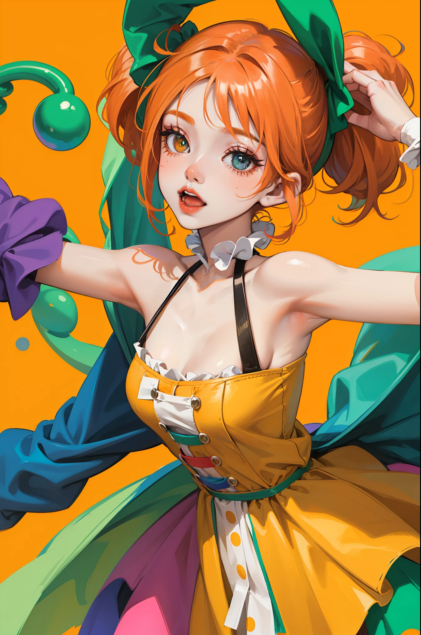 girl with short orange hair, cute face, green big eyes, heterochromia eyes, one eye yellow other eye green, detailed features, clown, waist up figure, neutral expression, simple background, full figure, looking at the viewer from afar, front facing, simple one color background, detailed face, straight pose, clown girl, clown makeup, circus vibes, high quality, pigtails, clown, colorful circus and clown vibes, fun pose, dynamic lights