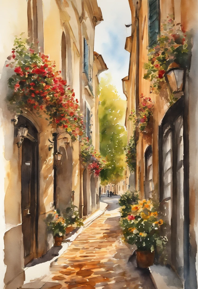 Vienna street, day light, flowers in street, sketch watercolor, character in wall, caption: I Love You, QH