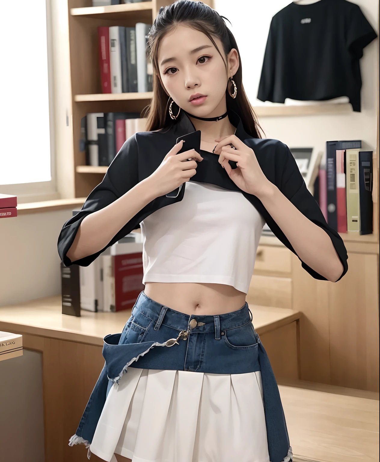 There was a woman standing in the library，in a skirt, with ripped crop t - shirt, She is seen wearing streetwear pieces, korean women's fashion model, Cute casual streetwear, jisoo from blackpink, Woman in streetwear, cropped shirt with jacket, wearing sexy cropped top, wearing a cropped top, roseanne park of blackpink, wearing crop top and miniskirt, jisoo of blackpink