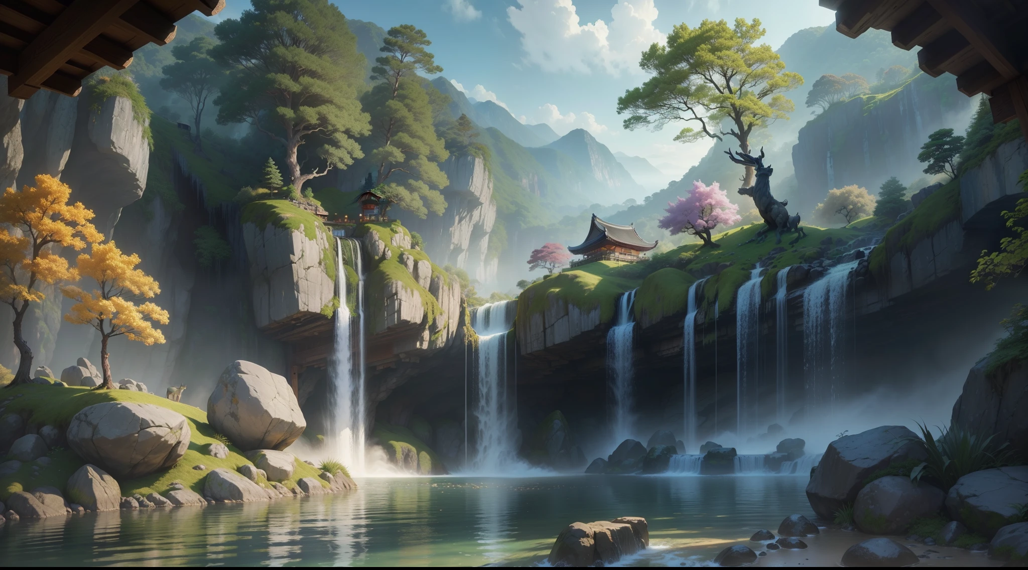Korean Antiquity, Traditional Korean Houses, springtime, jungle, lake, cave, waterfall, wood, pasture, rock formations, deer, onsen, vapour, nighttime(Illustration: 1.0), Epic composition, photorealistic lighting, HD detail, Masterpiece, Best Quality, (Highly Detailed CG Unified 8k Wallpaper)