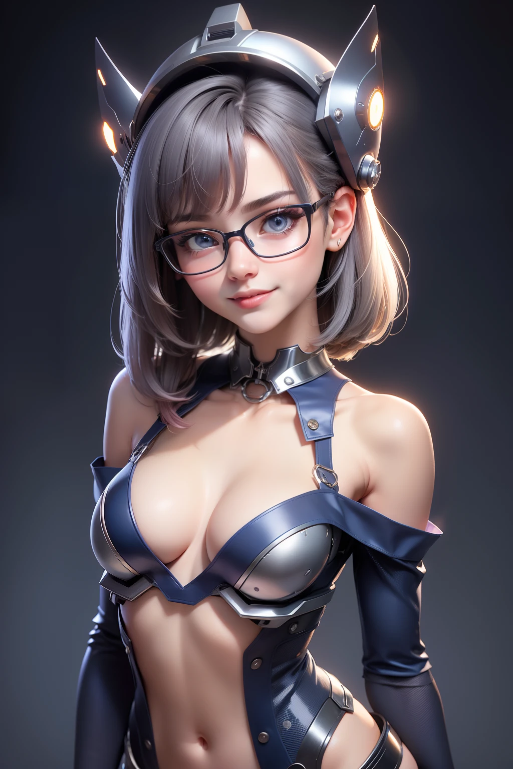 1 cute girl (18yo) glasses, upper body, slim waist, small natural breast, sexy pose, seductive face, bangs, random hairstyle, cleavage, navel, collar, collarbone, off shoulder, seductive smile, wear intricately detail hot and sexy outfit, robotic costume, wear unique helmet, blue and white color, upper body. flat gray color for background