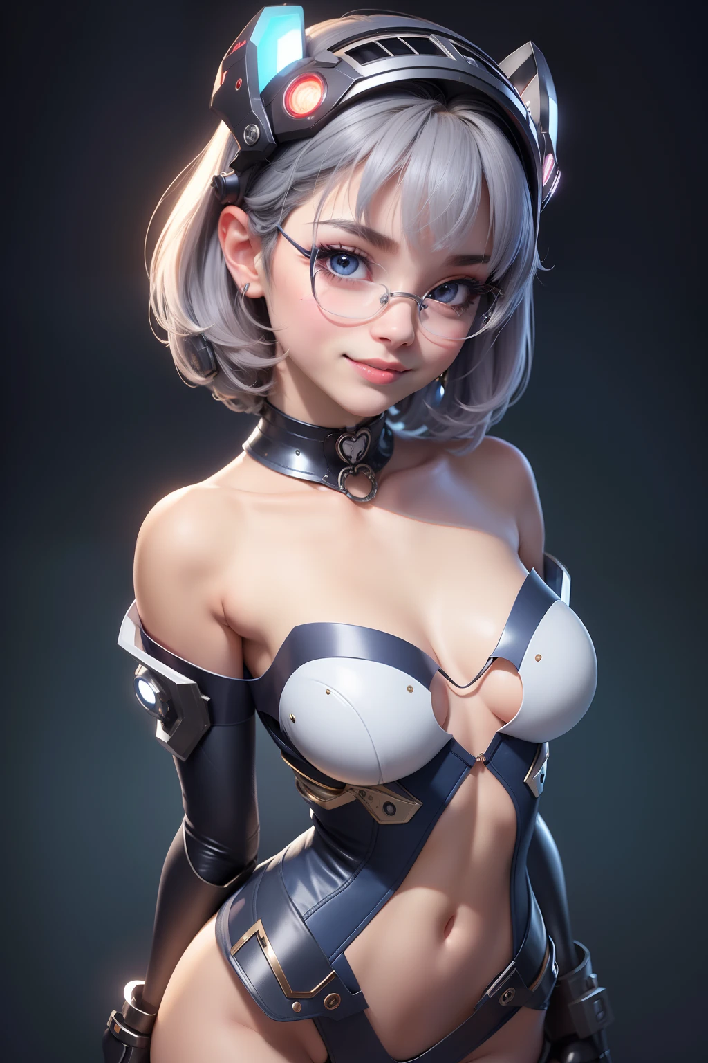 1 cute girl (18yo) glasses, upper body, slim waist, small natural breast, sexy pose, seductive face, bangs, random hairstyle, cleavage, navel, collar, collarbone, off shoulder, seductive smile, wear intricately detail hot and sexy outfit, robotic costume, wear unique helmet, blue and white color, upper body. flat gray color for background