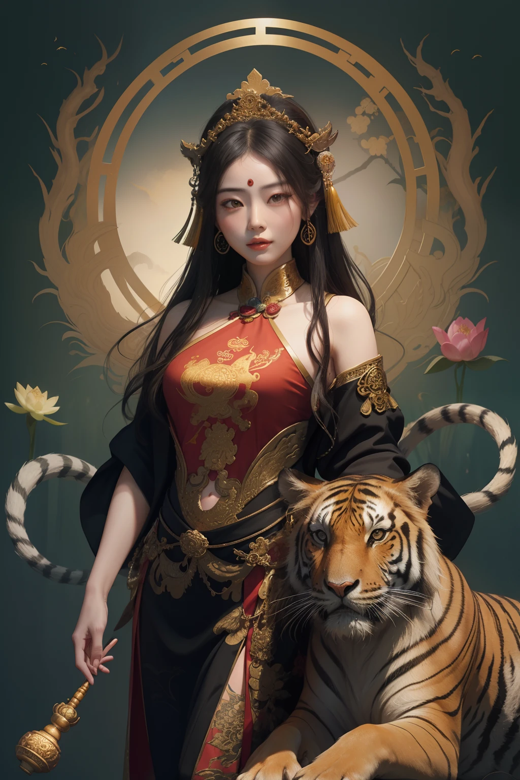 ancient chinese goddess, guanyin of the southern seas, guanyin, Inspired by China, Avalokiteşvara rides a tiger，,serene expressions,shui mo hua,Buddha,budista,lotuses,chinese painting style,Thangka style