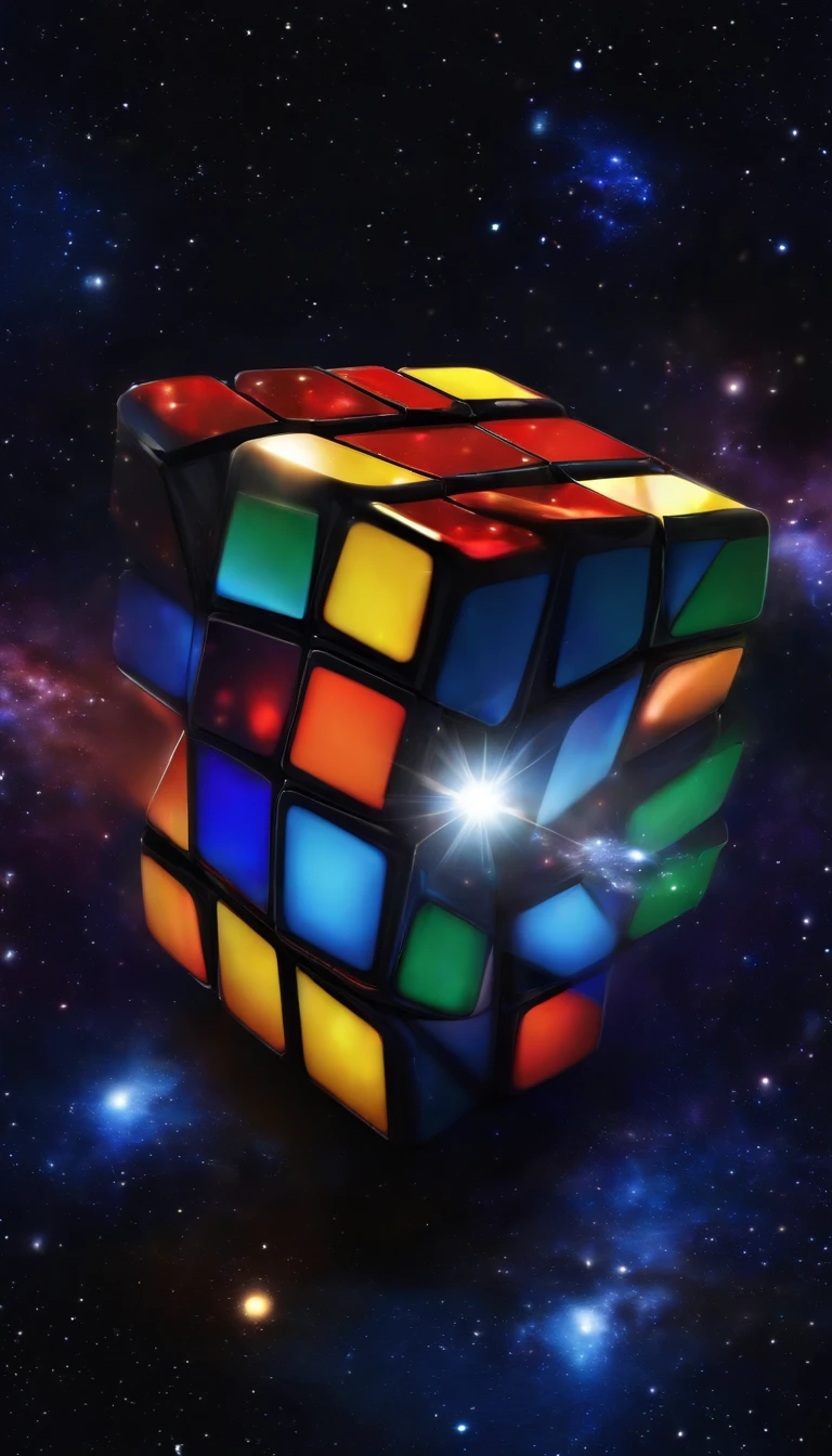 a rubik's cube，Starry sky particles，Space capsule。