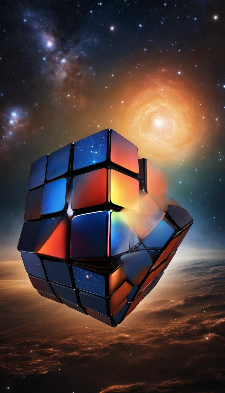 a rubik's cube,Starry sky particles,Space capsule。
