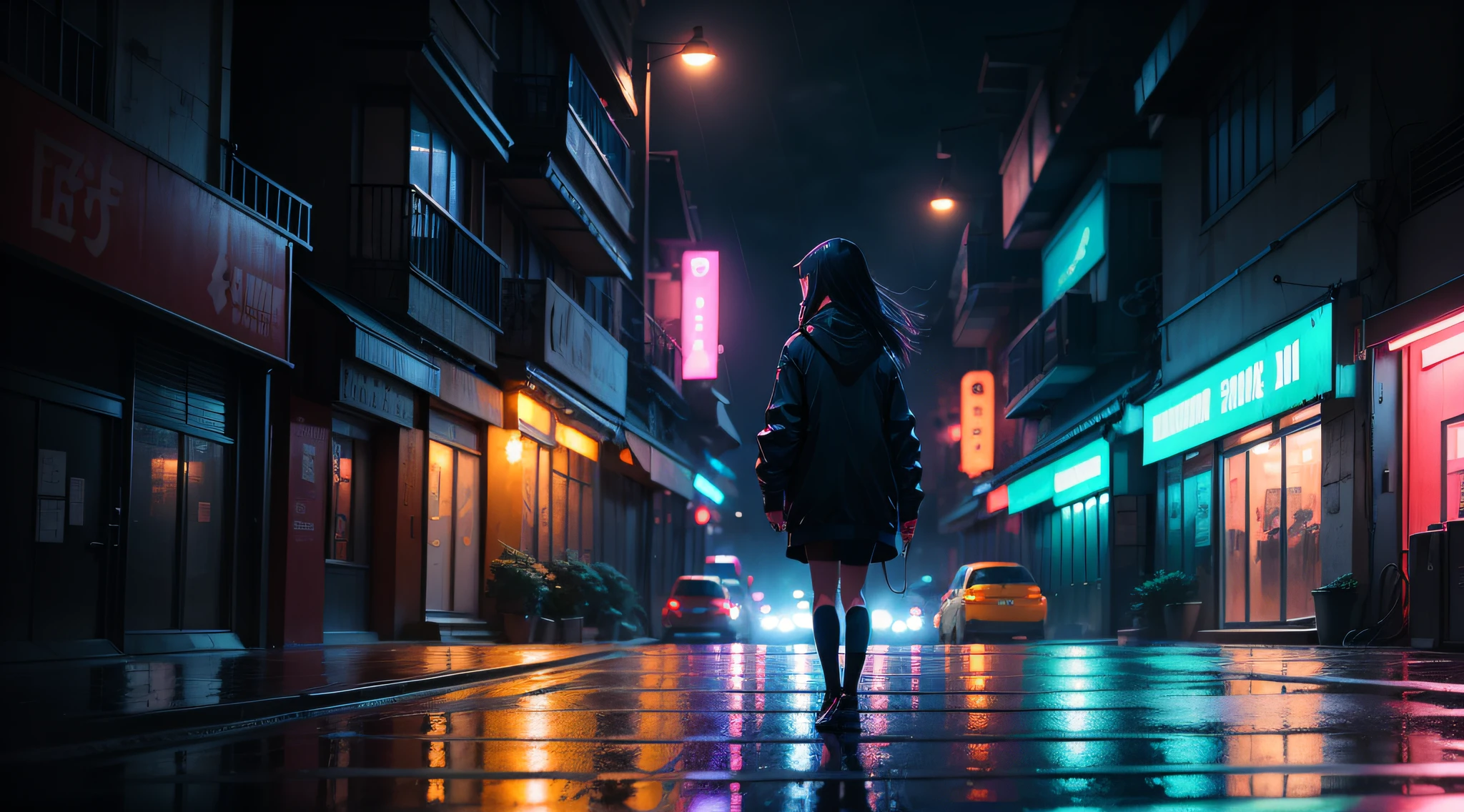 there is a girl walking down a street at night with a rain, by Alena Aenami, inspired by Liam Wong, artwork in the style of guweiz, beautiful and cinematic lighting, anime art wallpaper 4k, anime art wallpaper 4 k, artistic. alena aenami, gloomy cinematic lighting, 4k anime wallpaper, anime atmospheric,