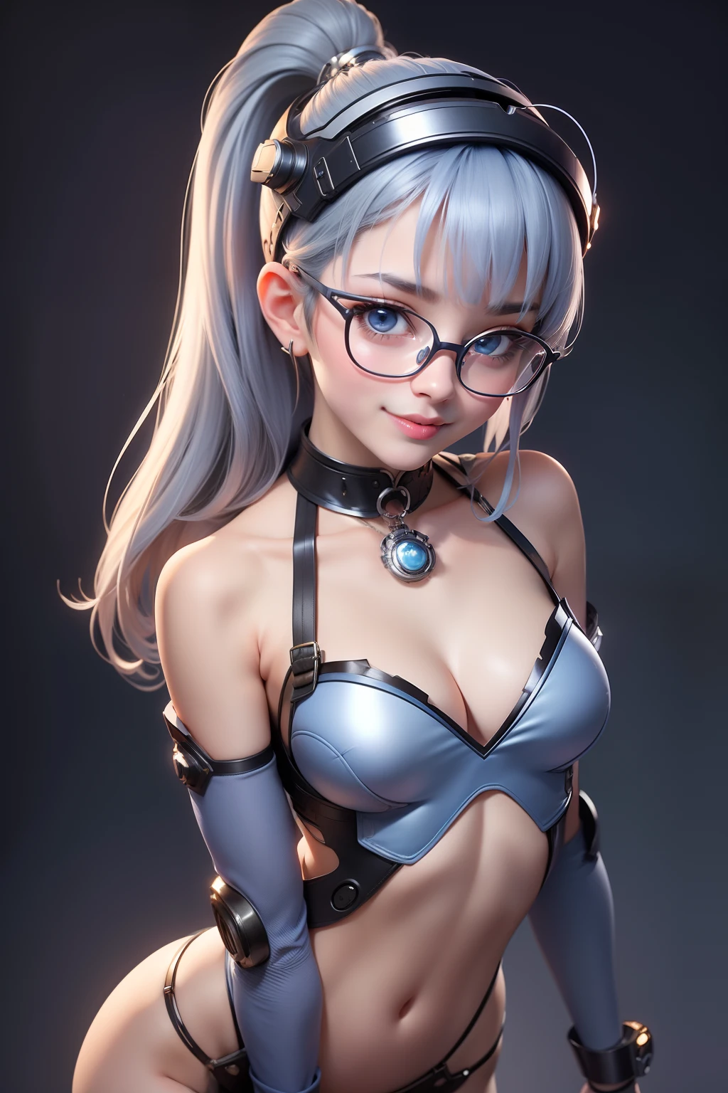 1 cute girl (18yo) glasses, upper body, slim waist, small natural breast, sexy pose, seductive face, bangs, random hairstyle, cleavage, navel, collar, collarbone, off shoulder, seductive smile, wear intricately detail hot and sexy outfit, robotic costume, wear unique helmet, blue and white color, upper body. flat gray color for background