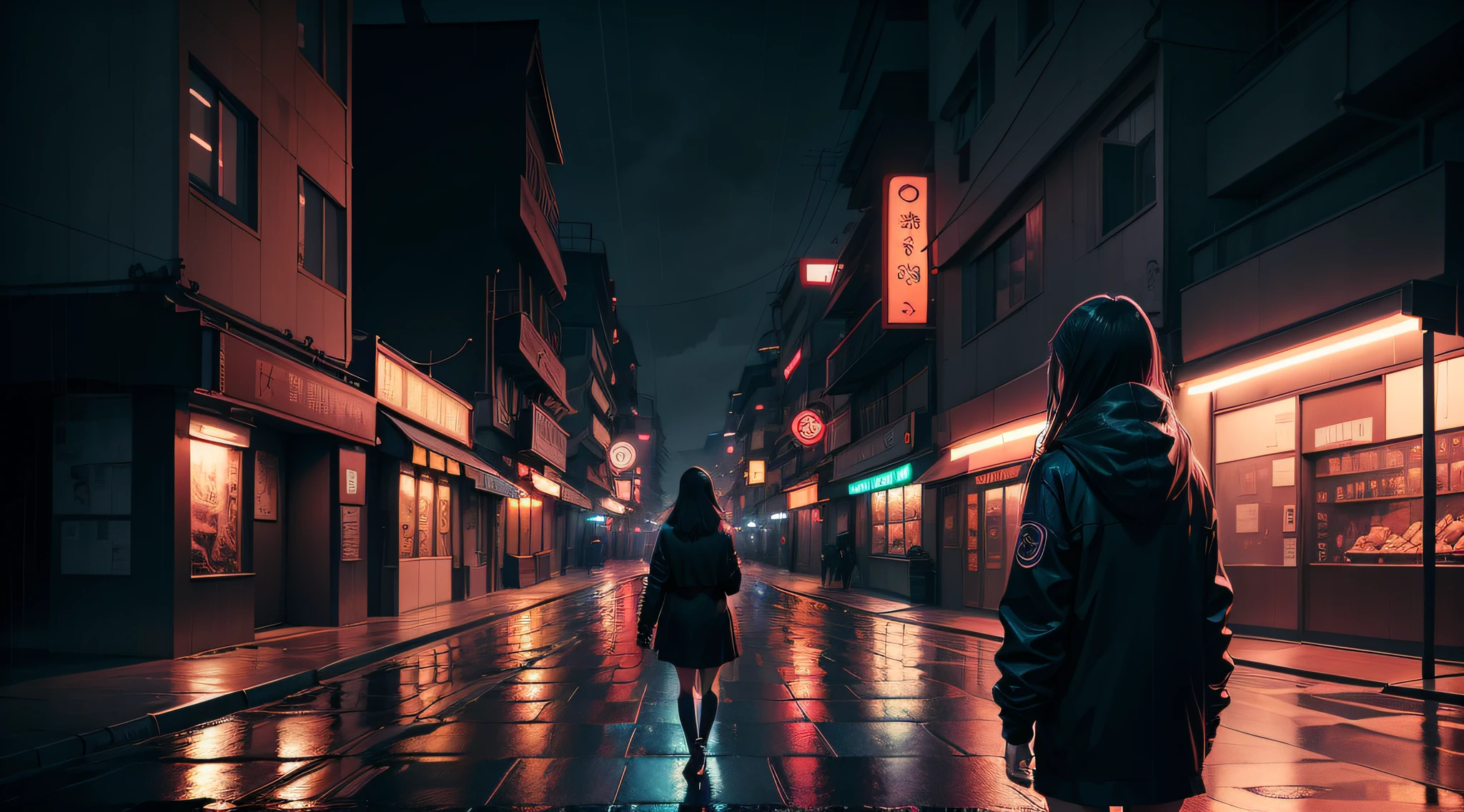 there is a girl walking down a street at night with a rain, by Alena Aenami, inspired by Liam Wong, artwork in the style of guweiz, beautiful and cinematic lighting, anime art wallpaper 4k, anime art wallpaper 4 k, artistic. alena aenami, gloomy cinematic lighting, 4k anime wallpaper, anime atmospheric,